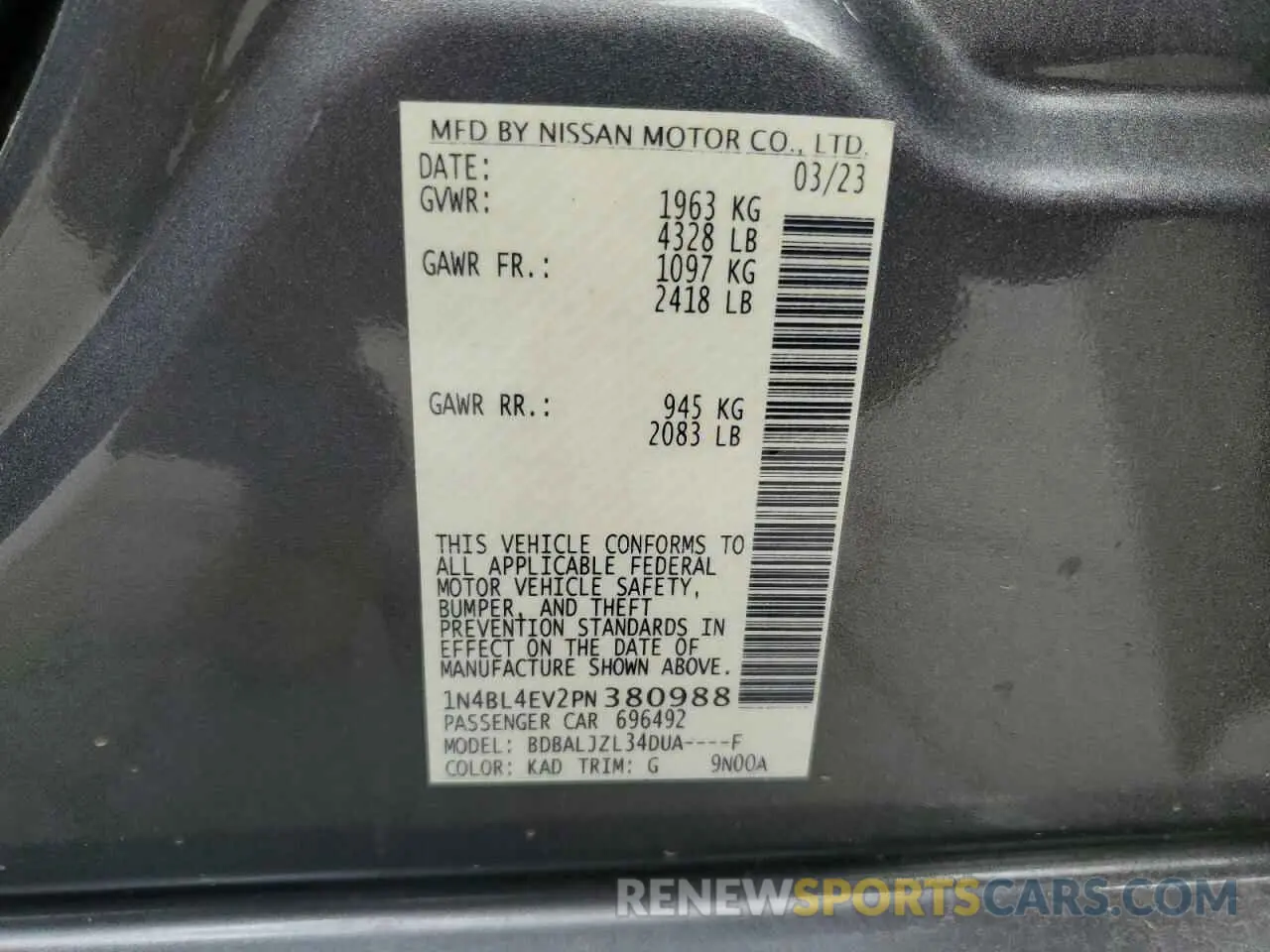 14 Photograph of a damaged car 1N4BL4EV2PN380988 NISSAN ALTIMA 2023