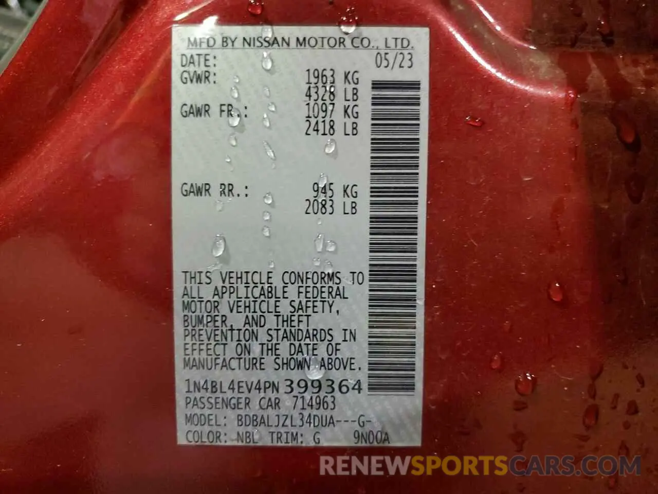 13 Photograph of a damaged car 1N4BL4EV4PN399364 NISSAN ALTIMA 2023