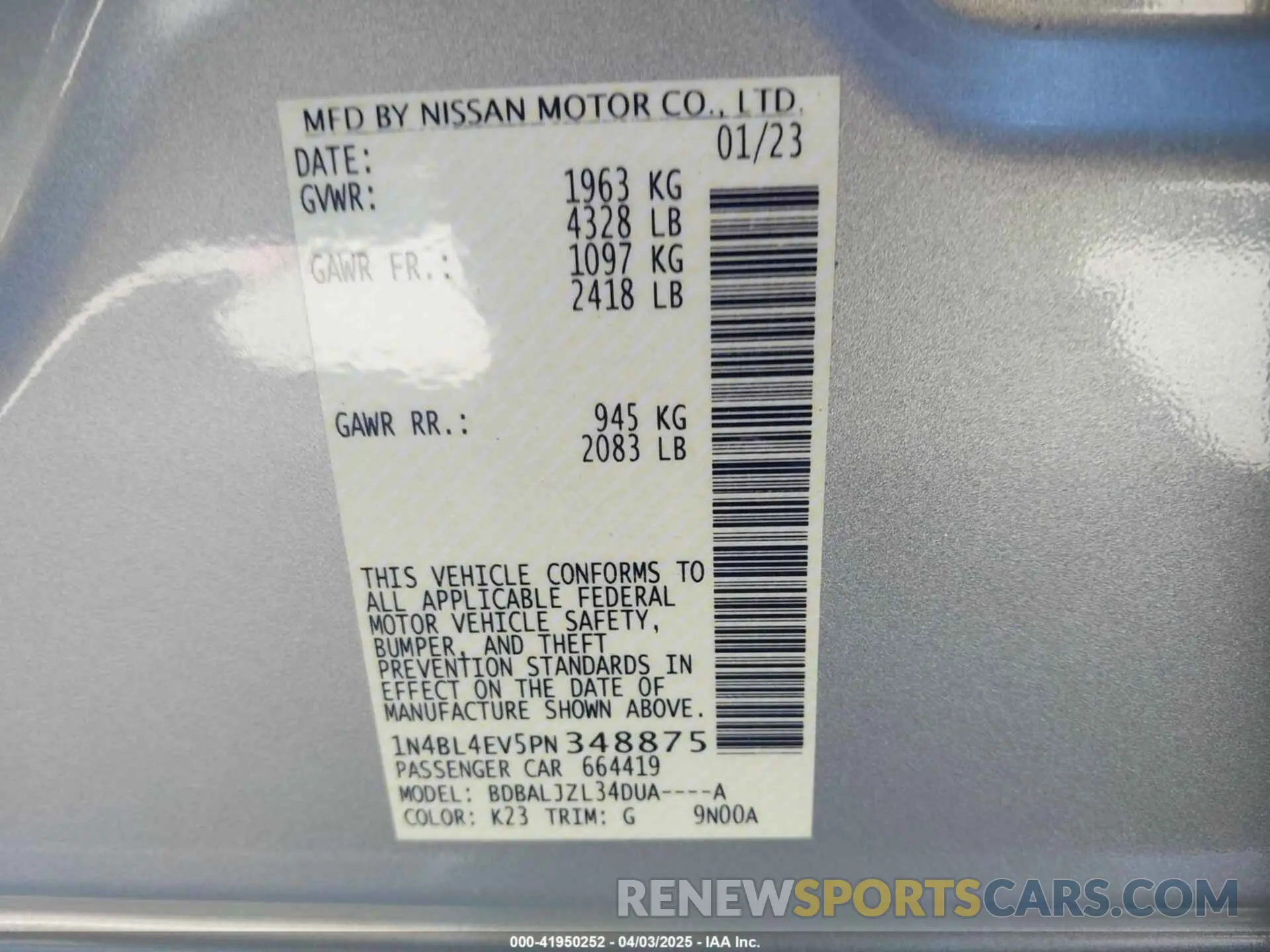9 Photograph of a damaged car 1N4BL4EV5PN348875 NISSAN ALTIMA 2023
