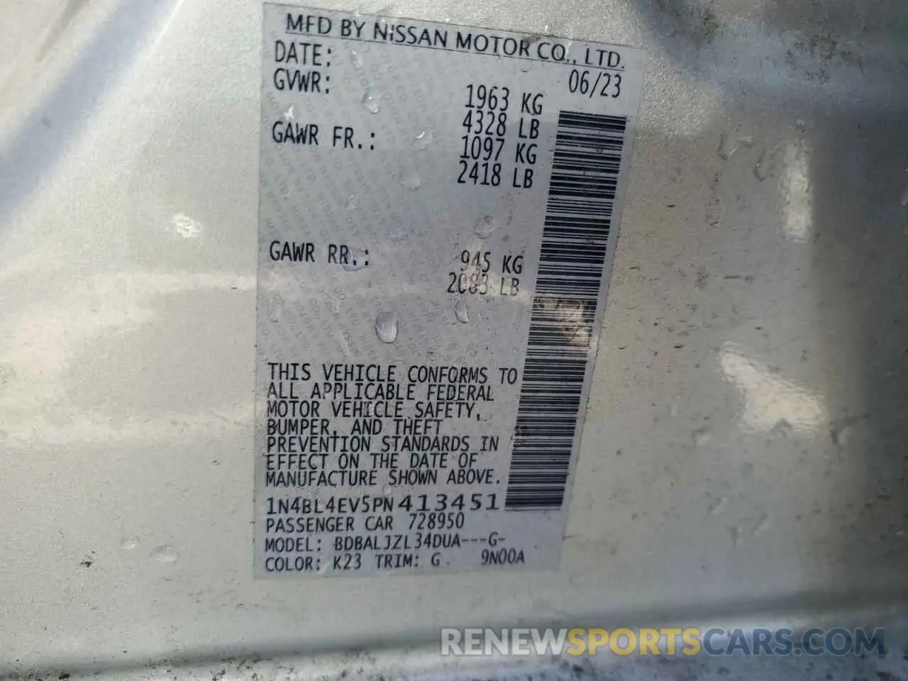 12 Photograph of a damaged car 1N4BL4EV5PN413451 NISSAN ALTIMA 2023