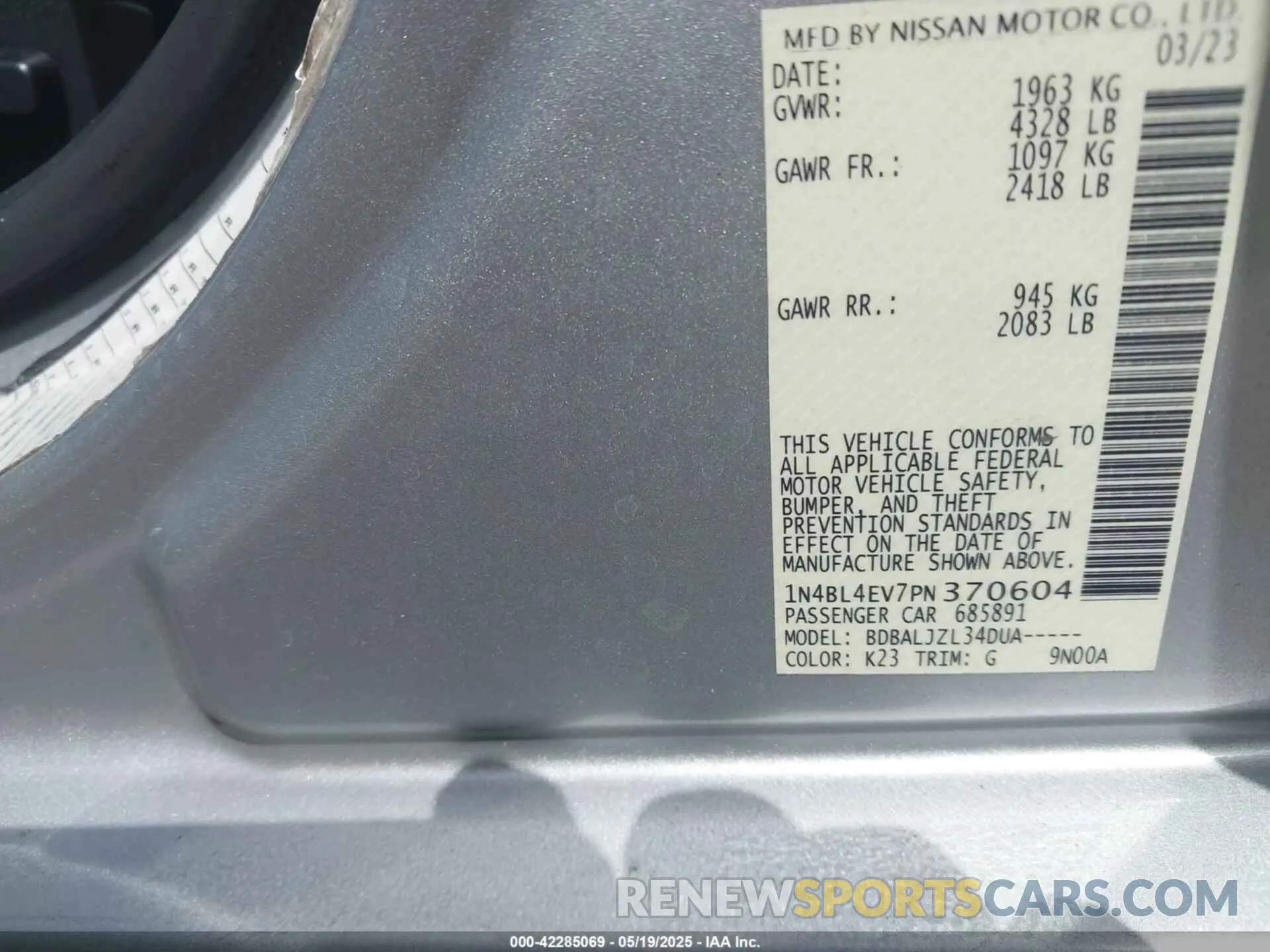 9 Photograph of a damaged car 1N4BL4EV7PN370604 NISSAN ALTIMA 2023