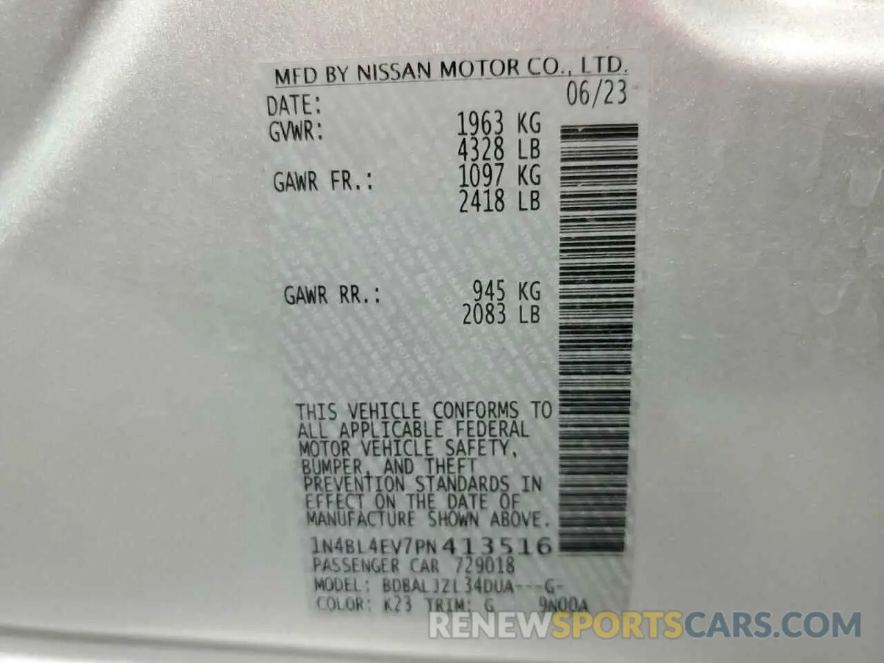 13 Photograph of a damaged car 1N4BL4EV7PN413516 NISSAN ALTIMA 2023