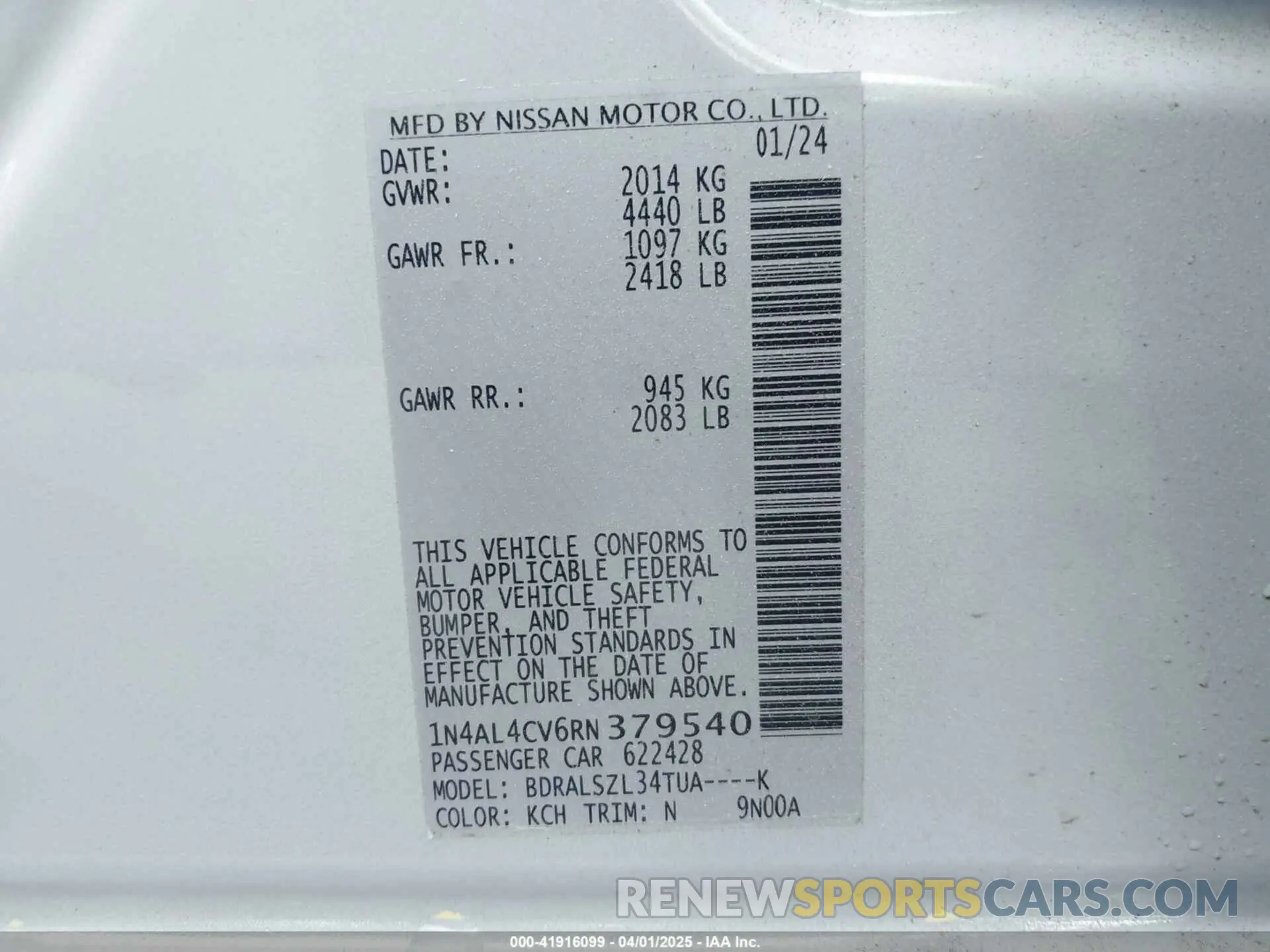9 Photograph of a damaged car 1N4AL4CV6RN379540 NISSAN ALTIMA 2024