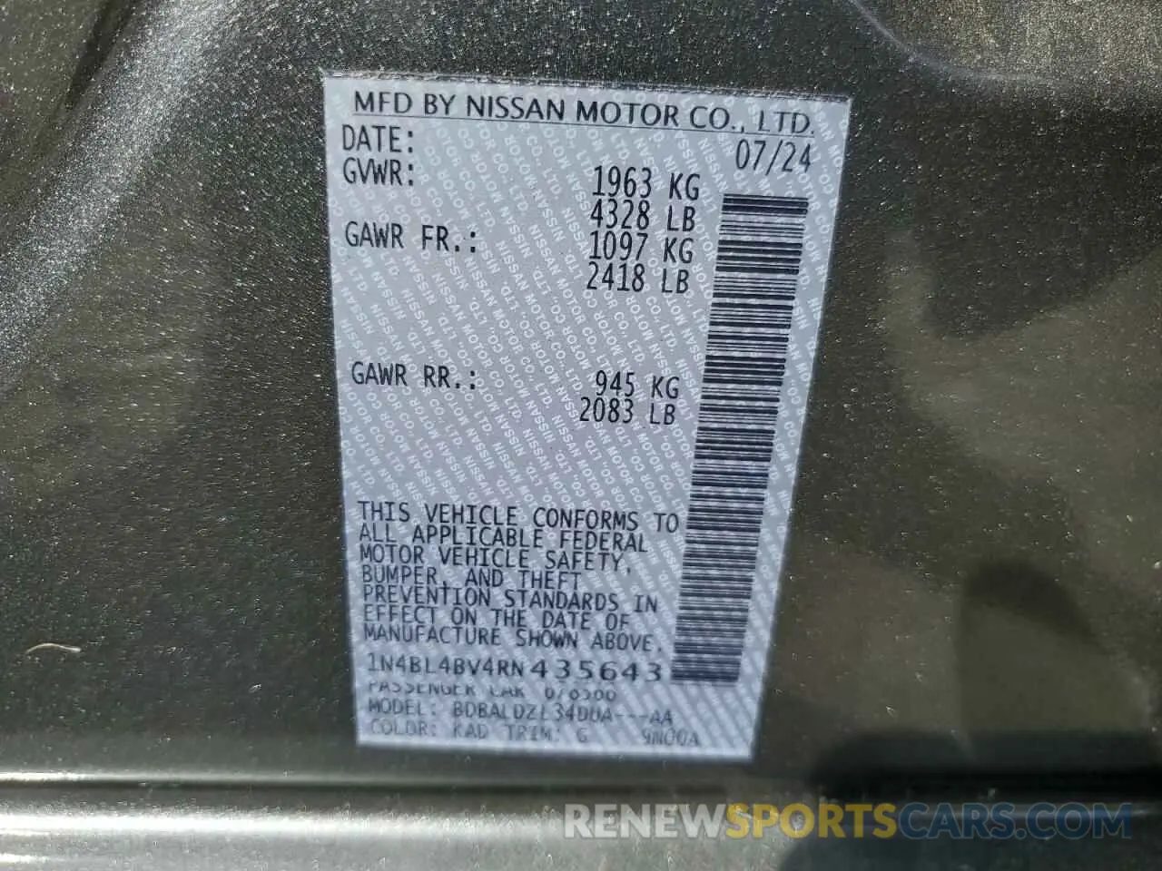 12 Photograph of a damaged car 1N4BL4BV4RN435643 NISSAN ALTIMA 2024