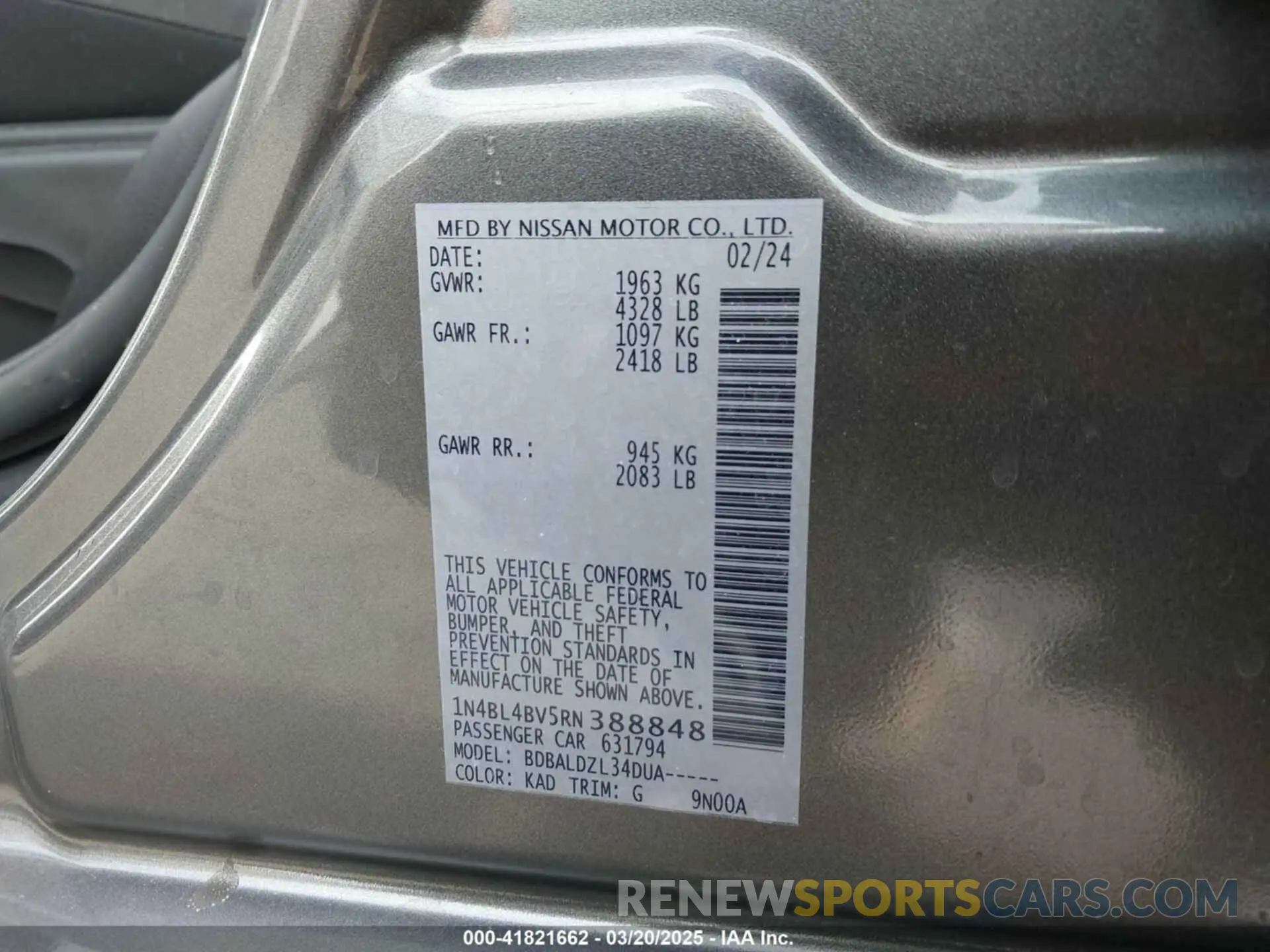 9 Photograph of a damaged car 1N4BL4BV5RN388848 NISSAN ALTIMA 2024