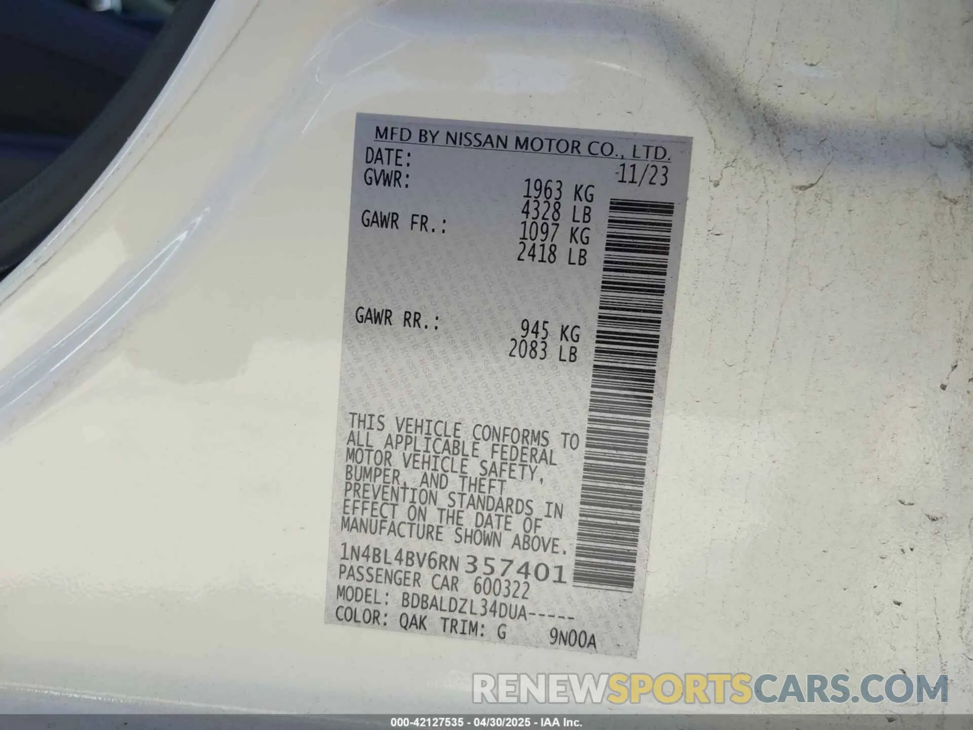 9 Photograph of a damaged car 1N4BL4BV6RN357401 NISSAN ALTIMA 2024