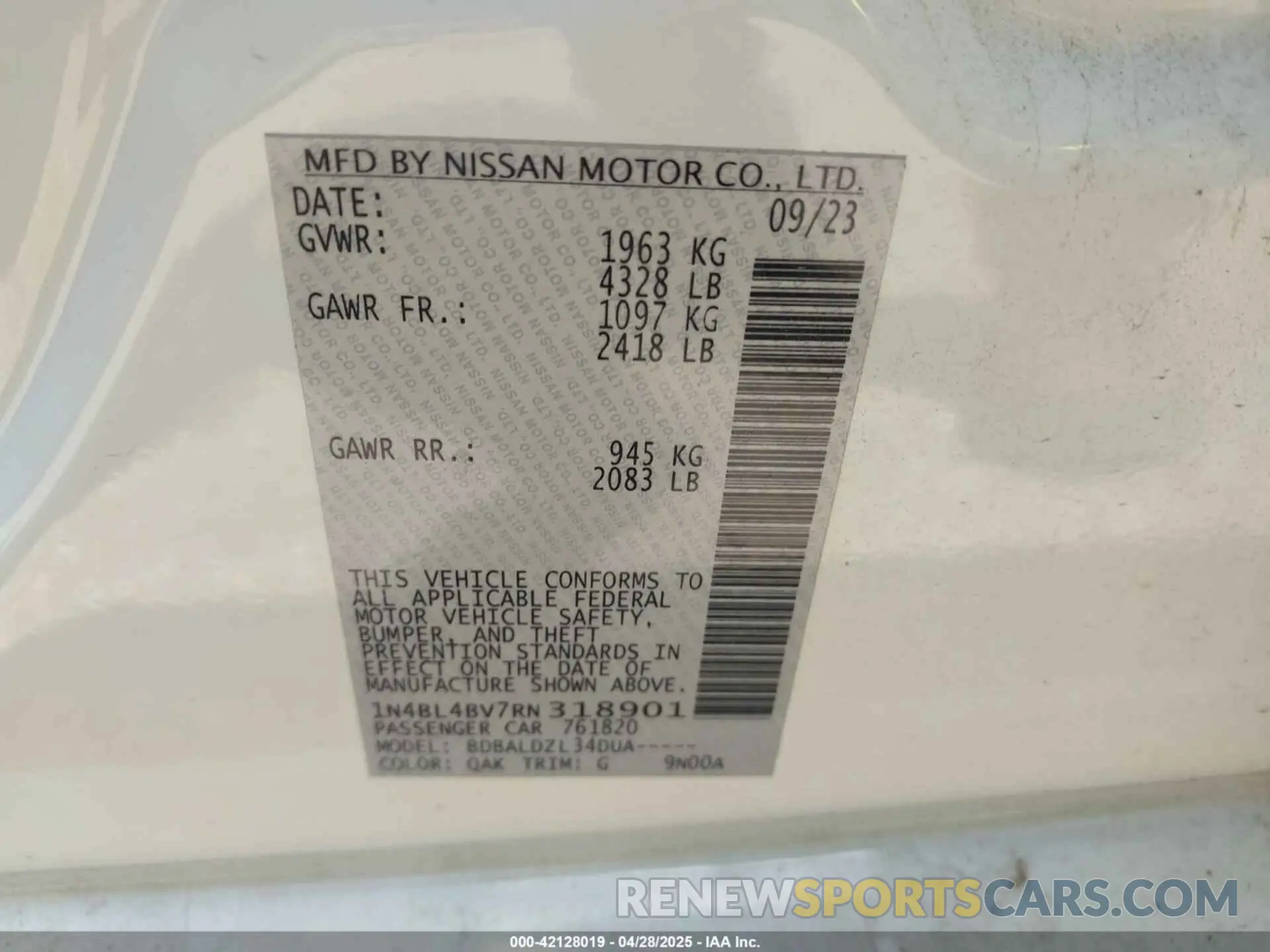 9 Photograph of a damaged car 1N4BL4BV7RN318901 NISSAN ALTIMA 2024