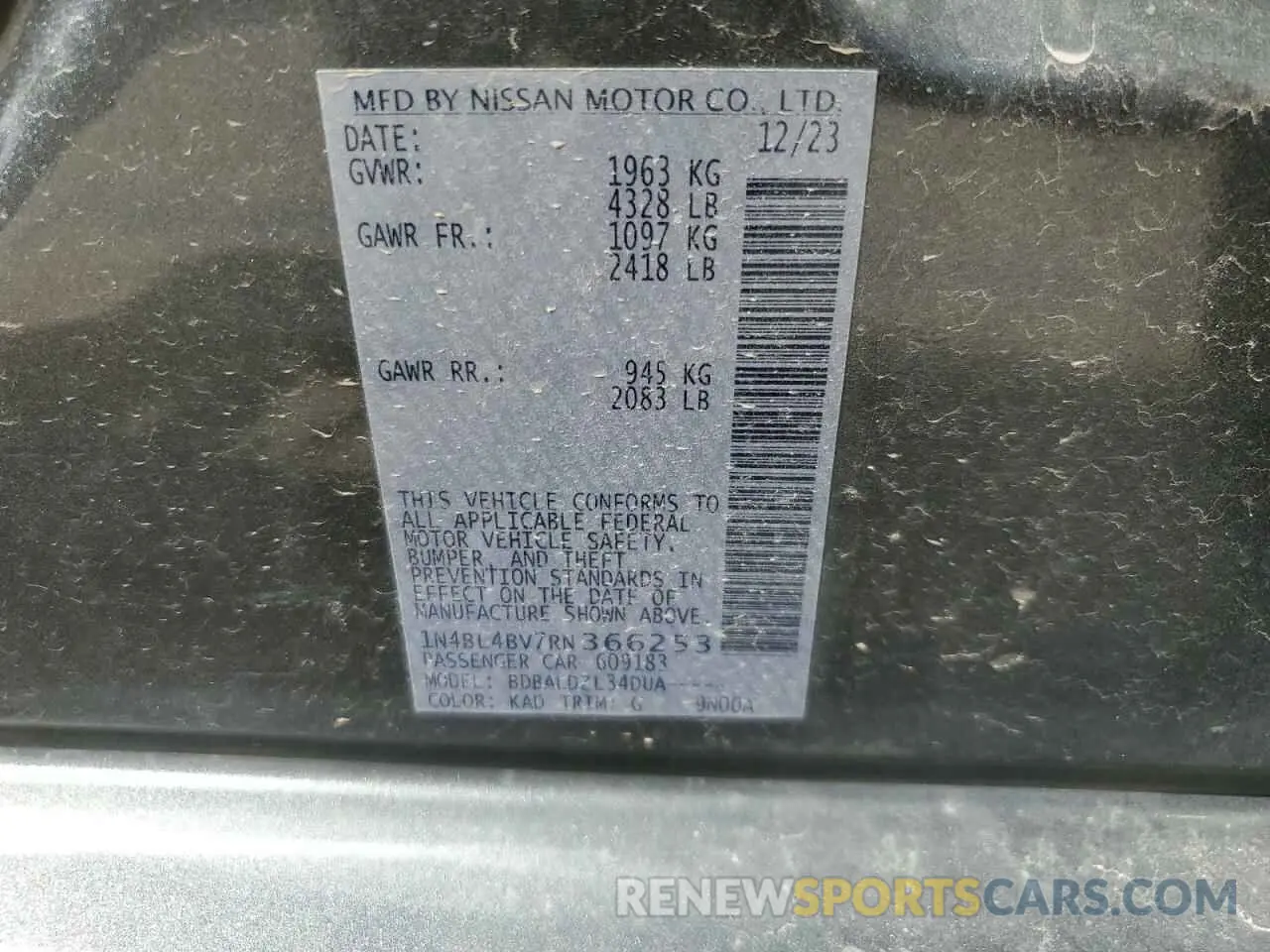 13 Photograph of a damaged car 1N4BL4BV7RN366253 NISSAN ALTIMA 2024