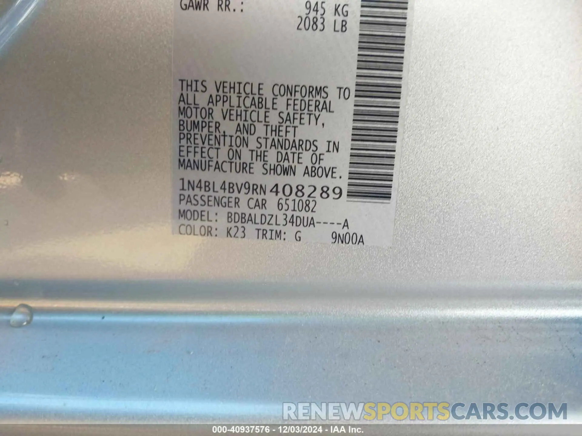 9 Photograph of a damaged car 1N4BL4BV9RN408289 NISSAN ALTIMA 2024