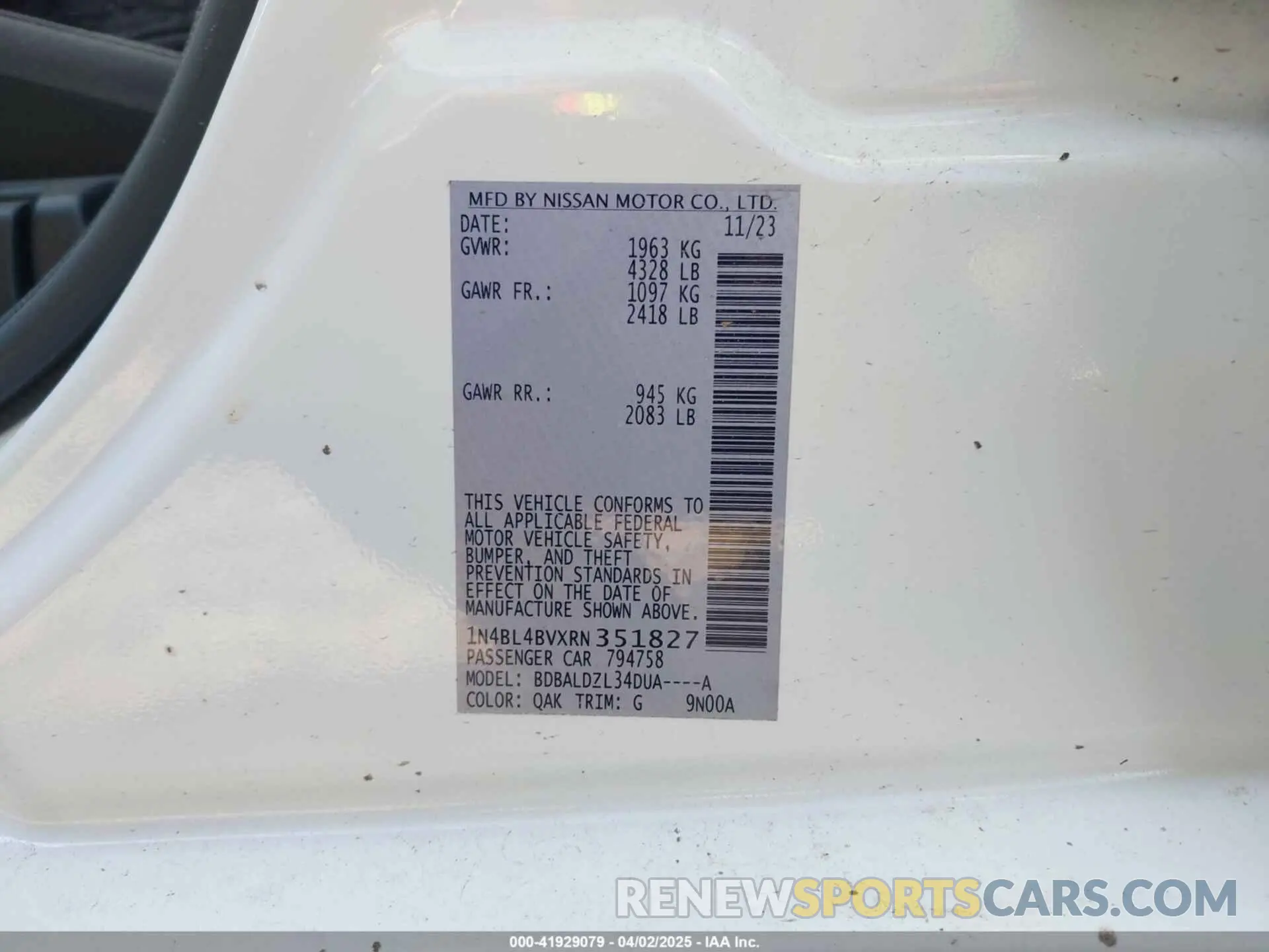 9 Photograph of a damaged car 1N4BL4BVXRN351827 NISSAN ALTIMA 2024