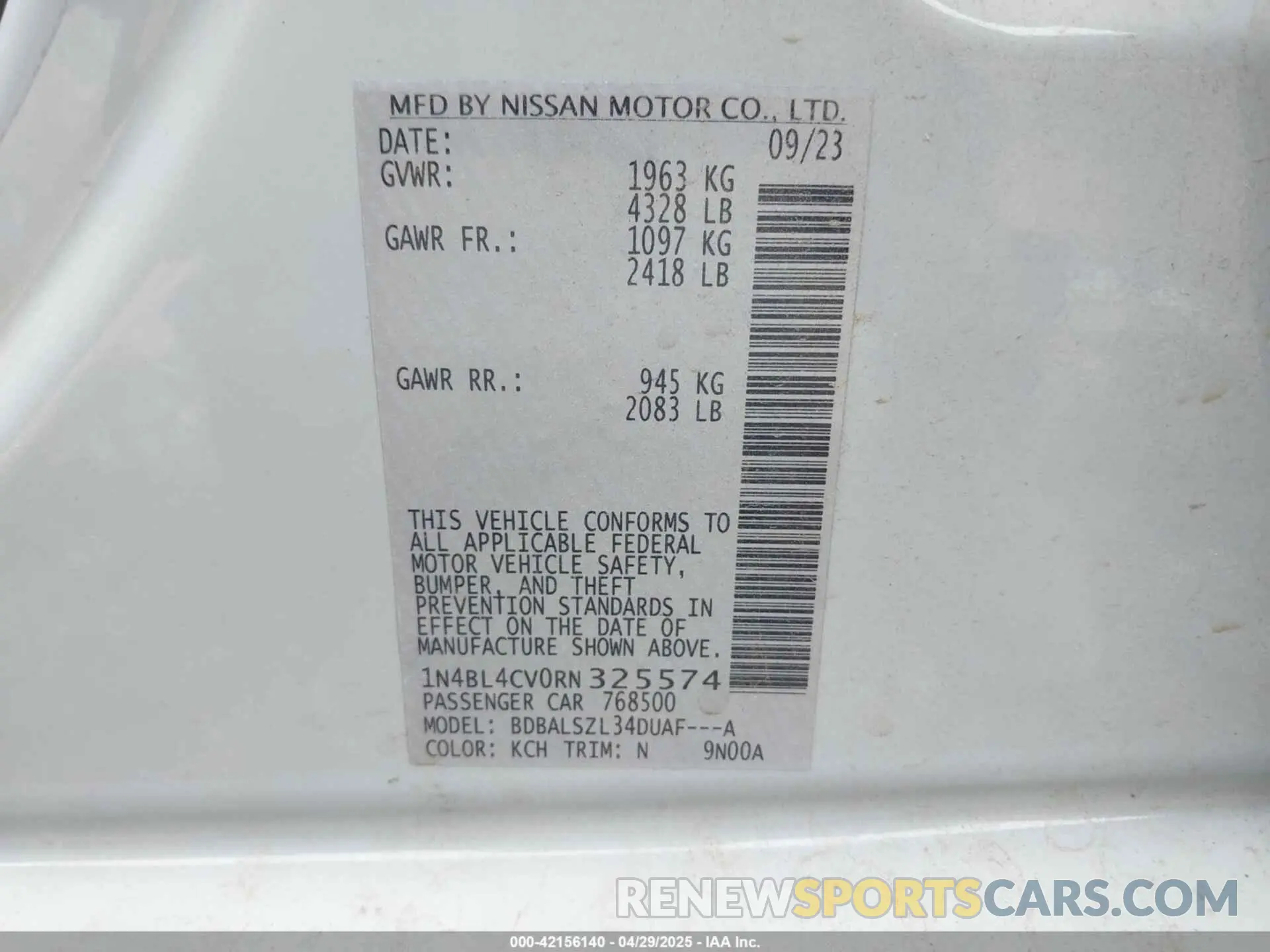 9 Photograph of a damaged car 1N4BL4CV0RN325574 NISSAN ALTIMA 2024