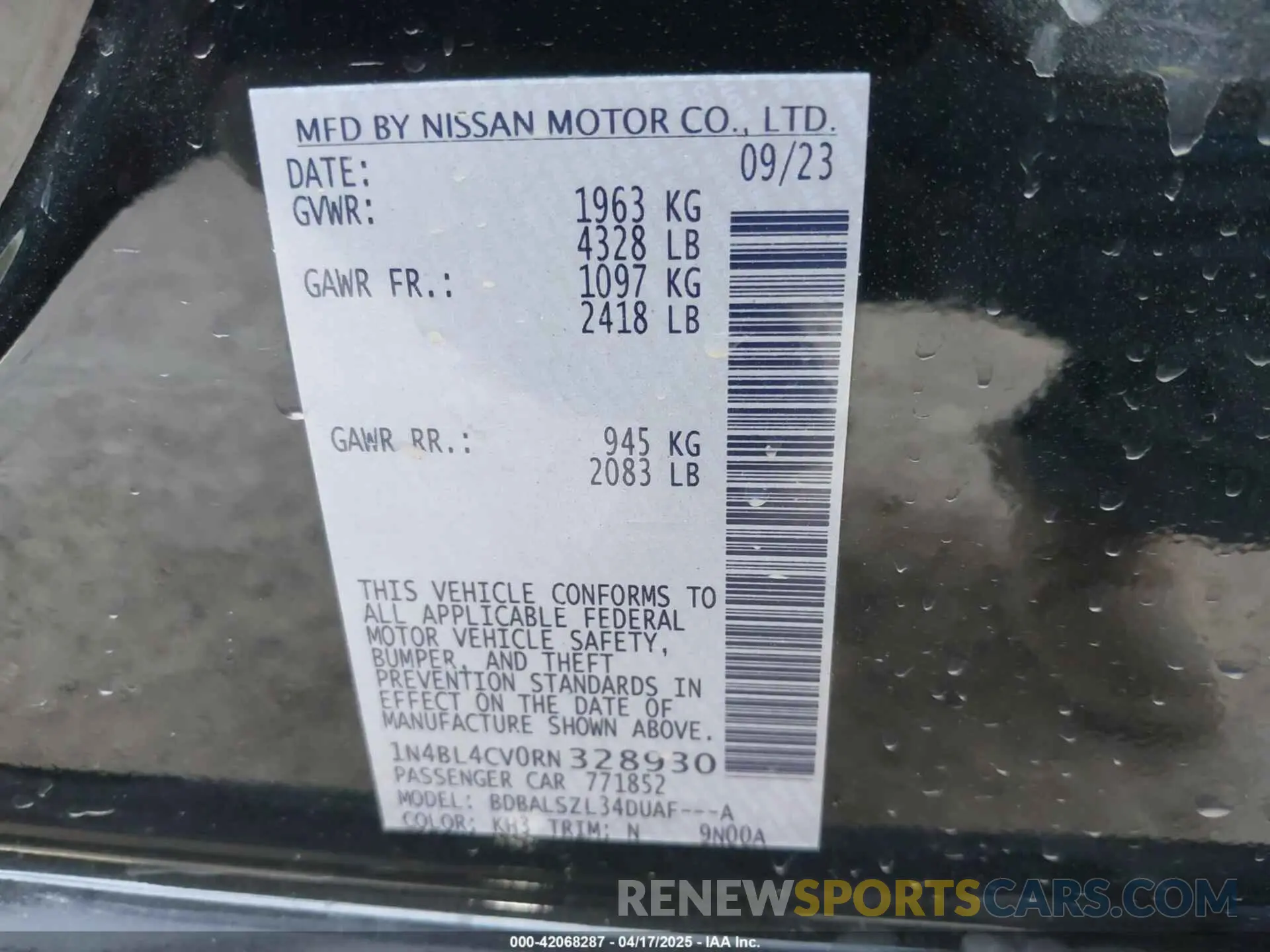 9 Photograph of a damaged car 1N4BL4CV0RN328930 NISSAN ALTIMA 2024