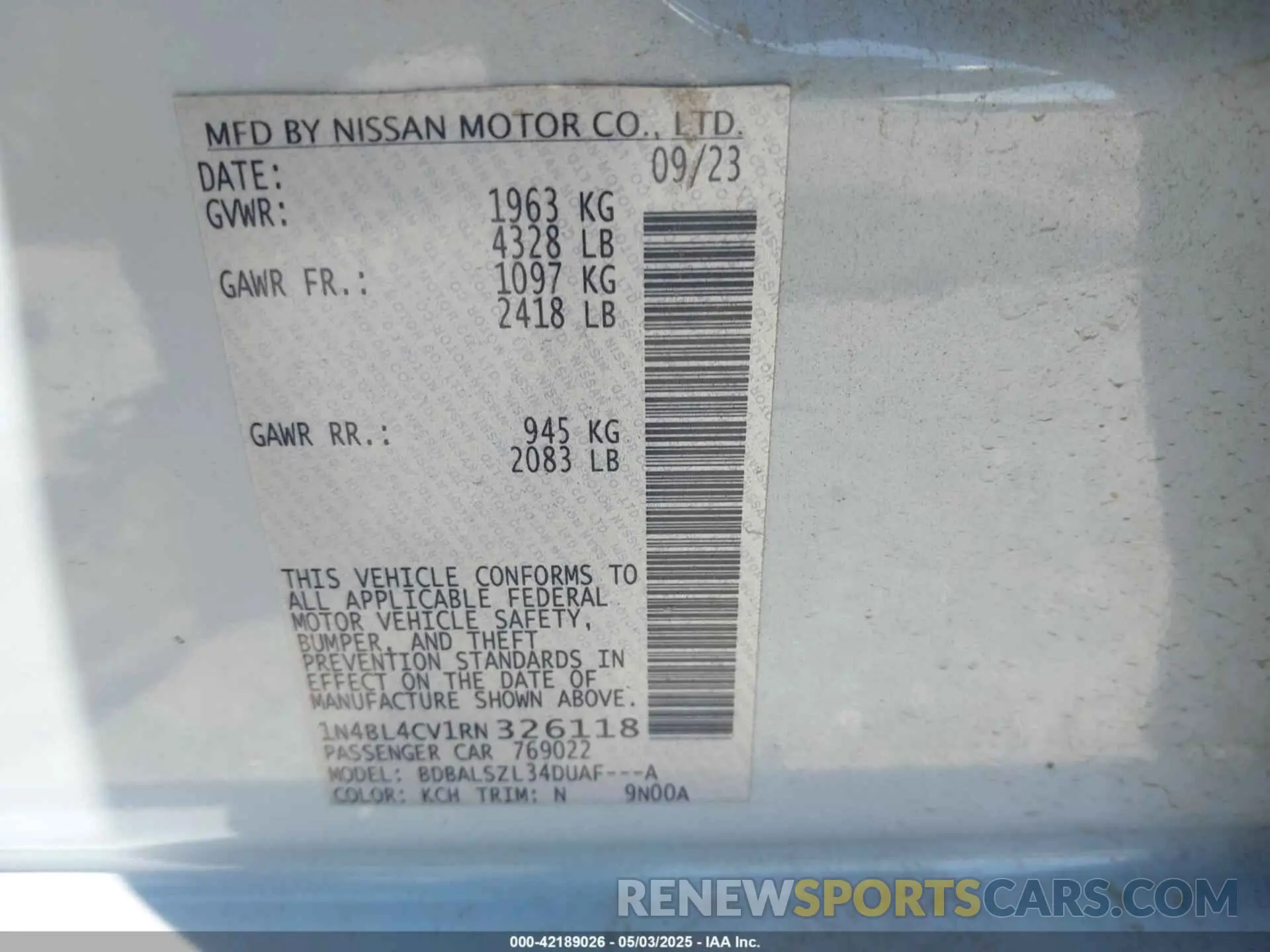 9 Photograph of a damaged car 1N4BL4CV1RN326118 NISSAN ALTIMA 2024