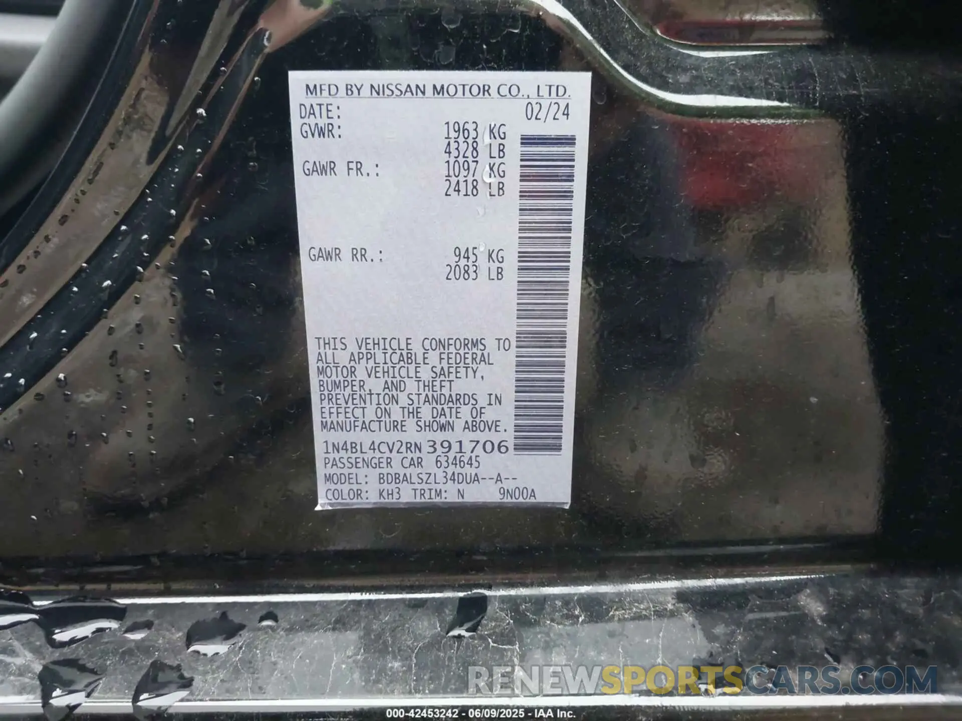 9 Photograph of a damaged car 1N4BL4CV2RN391706 NISSAN ALTIMA 2024