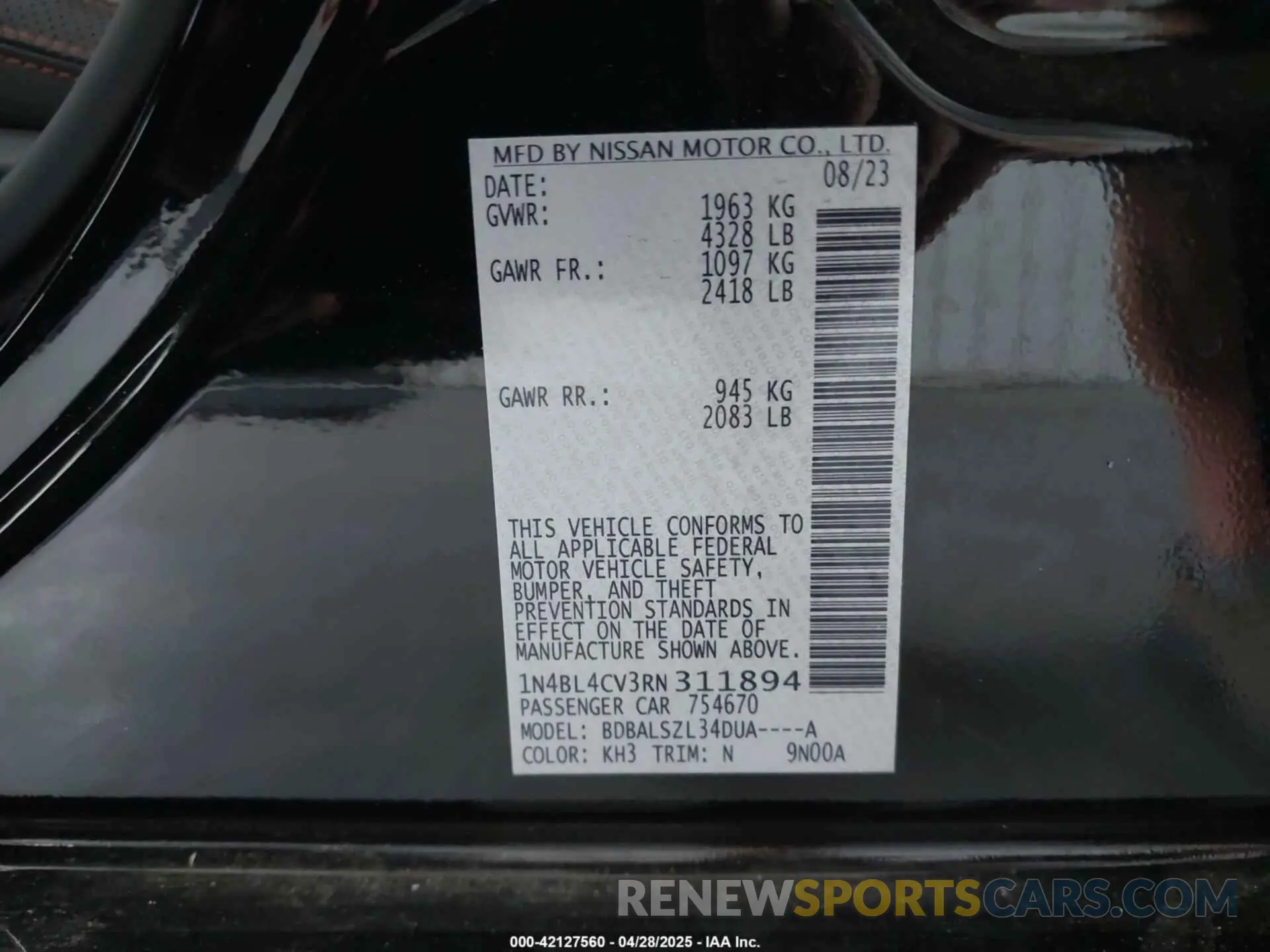 9 Photograph of a damaged car 1N4BL4CV3RN311894 NISSAN ALTIMA 2024