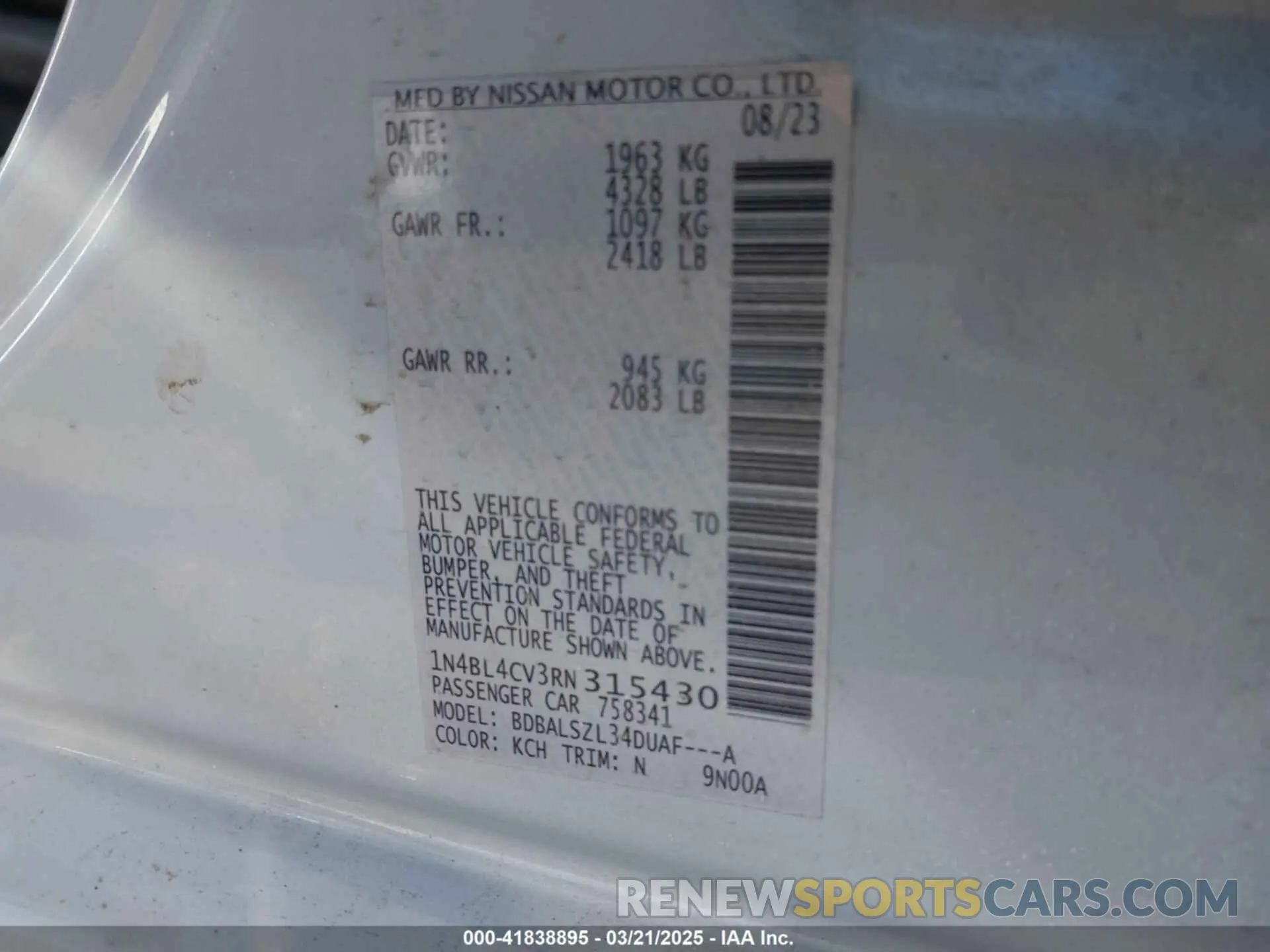9 Photograph of a damaged car 1N4BL4CV3RN315430 NISSAN ALTIMA 2024