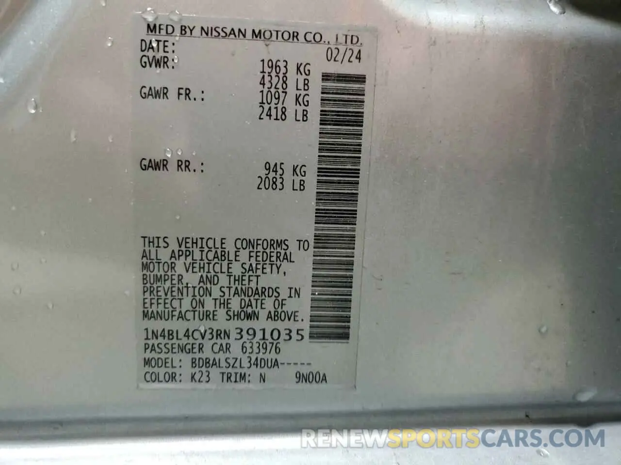 12 Photograph of a damaged car 1N4BL4CV3RN391035 NISSAN ALTIMA 2024