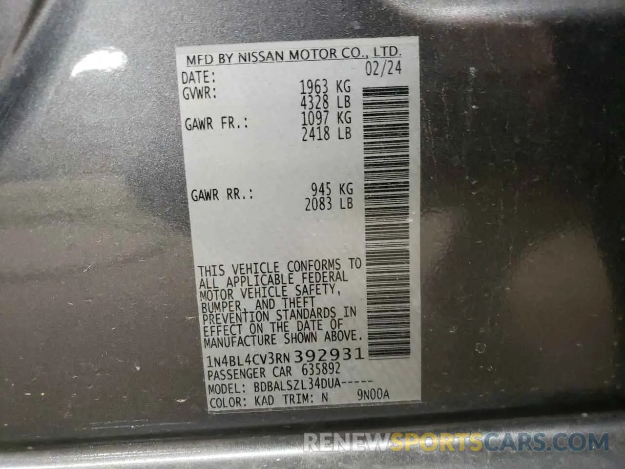 13 Photograph of a damaged car 1N4BL4CV3RN392931 NISSAN ALTIMA 2024
