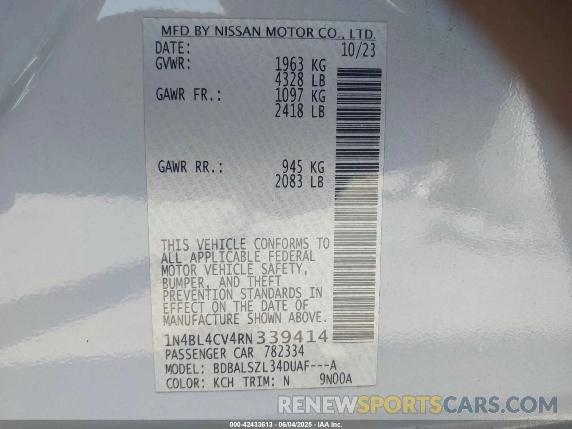 9 Photograph of a damaged car 1N4BL4CV4RN339414 NISSAN ALTIMA 2024