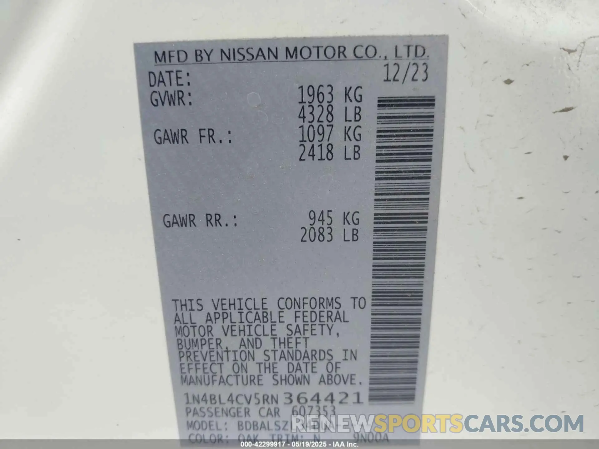 9 Photograph of a damaged car 1N4BL4CV5RN364421 NISSAN ALTIMA 2024