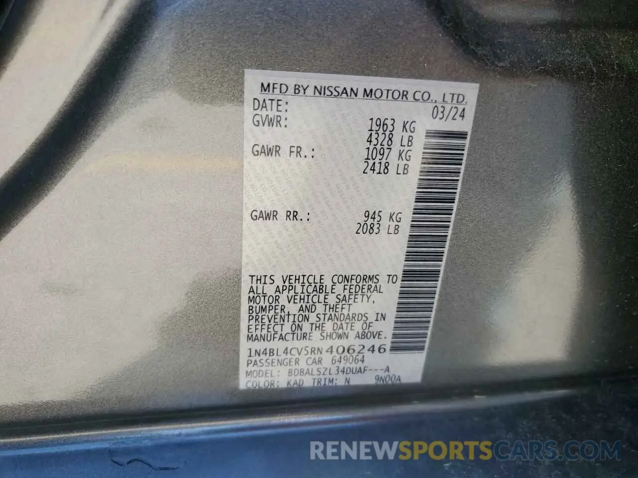 12 Photograph of a damaged car 1N4BL4CV5RN406246 NISSAN ALTIMA 2024