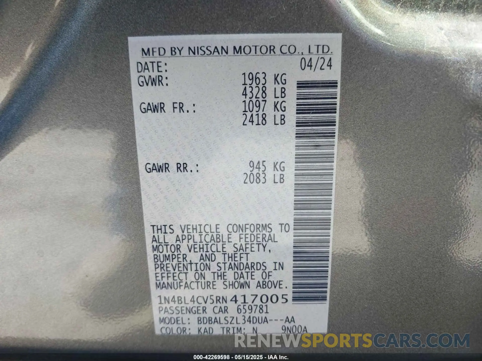 9 Photograph of a damaged car 1N4BL4CV5RN417005 NISSAN ALTIMA 2024