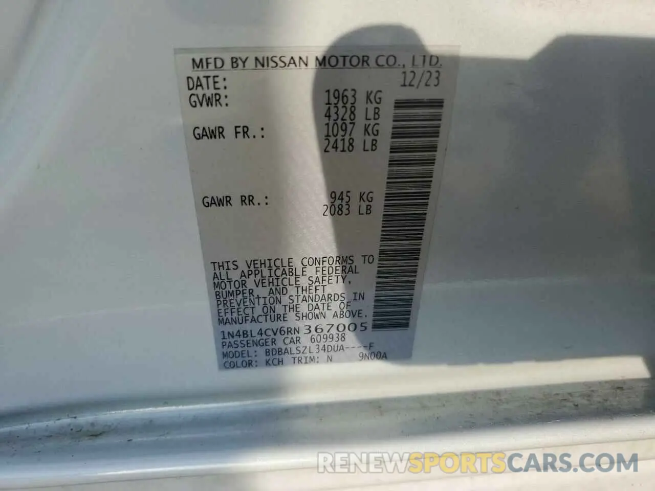 14 Photograph of a damaged car 1N4BL4CV6RN367005 NISSAN ALTIMA 2024