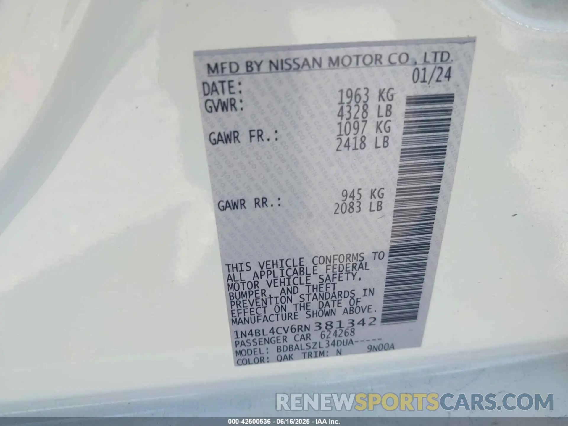 9 Photograph of a damaged car 1N4BL4CV6RN381342 NISSAN ALTIMA 2024