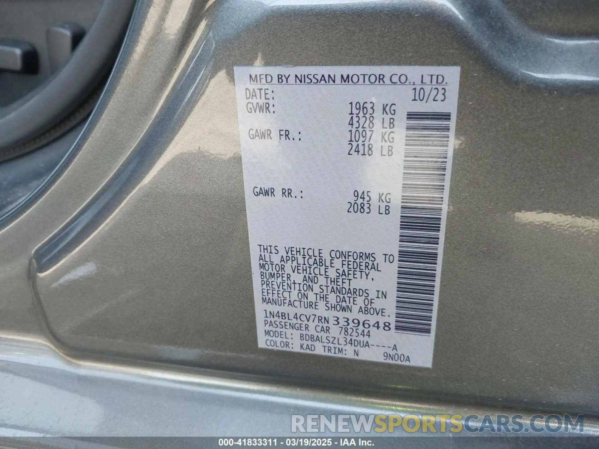 9 Photograph of a damaged car 1N4BL4CV7RN339648 NISSAN ALTIMA 2024