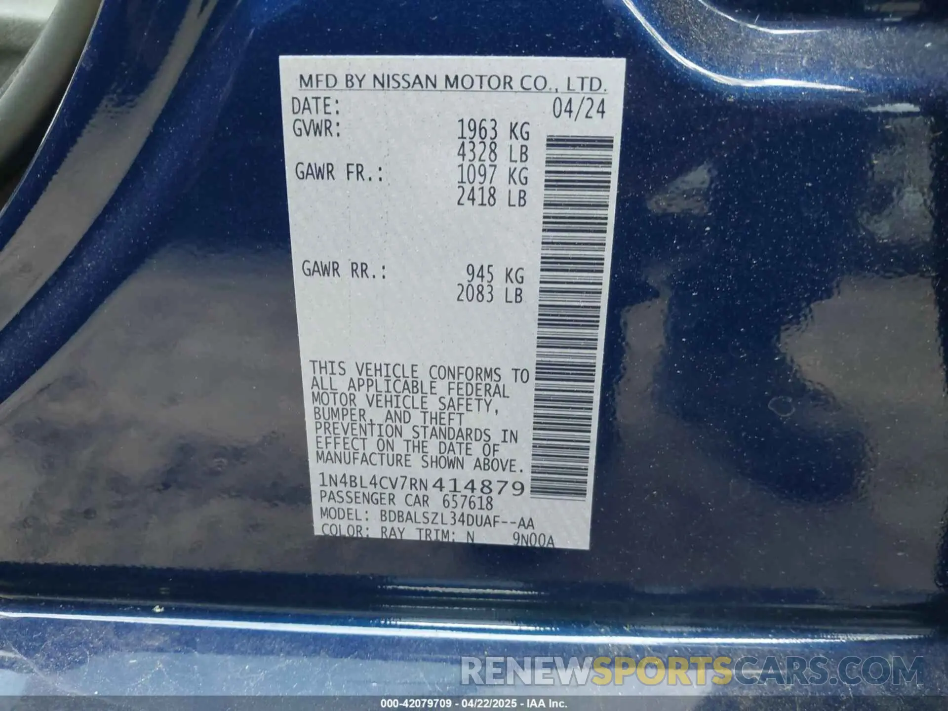 9 Photograph of a damaged car 1N4BL4CV7RN414879 NISSAN ALTIMA 2024