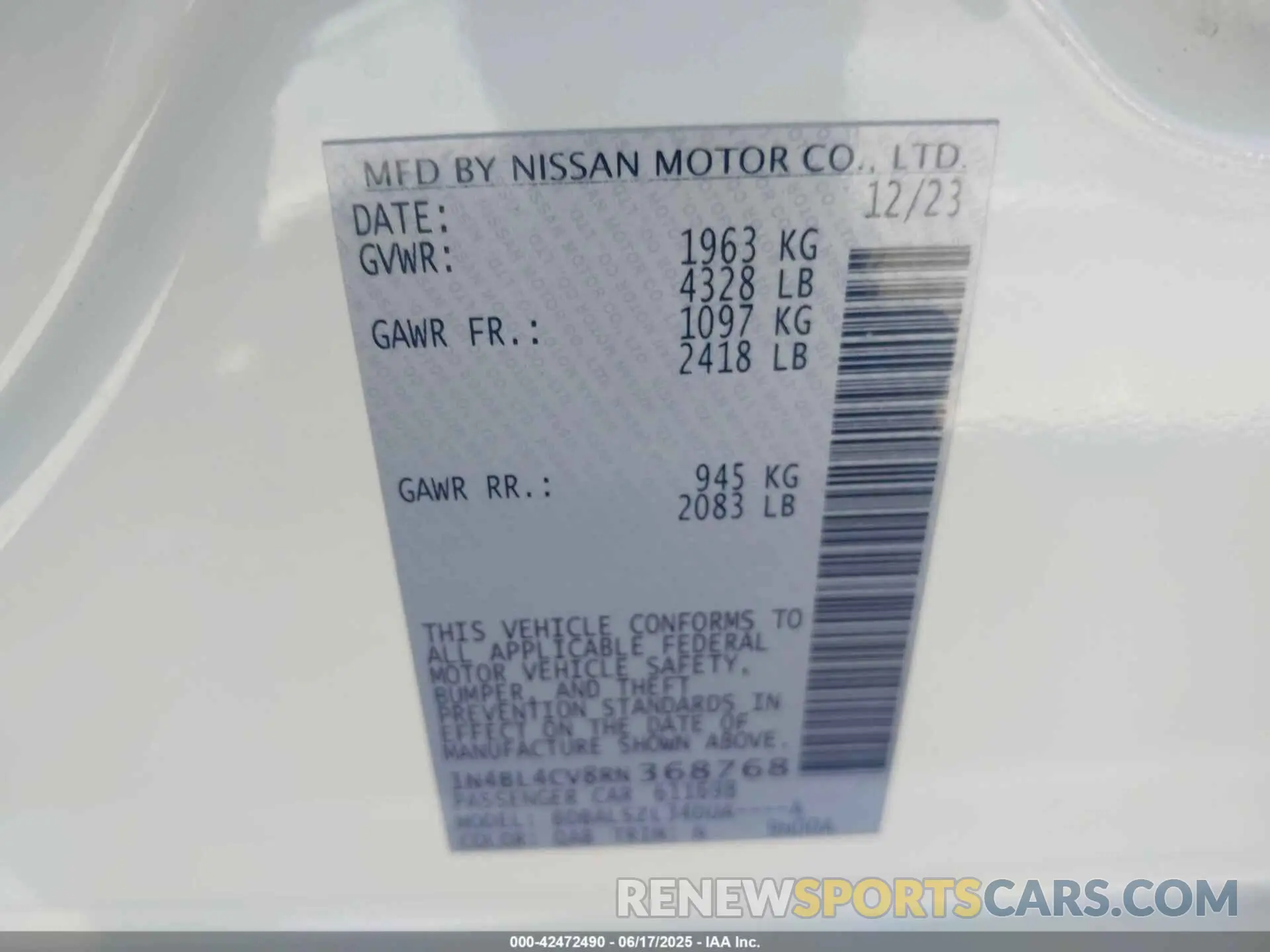 9 Photograph of a damaged car 1N4BL4CV8RN368768 NISSAN ALTIMA 2024