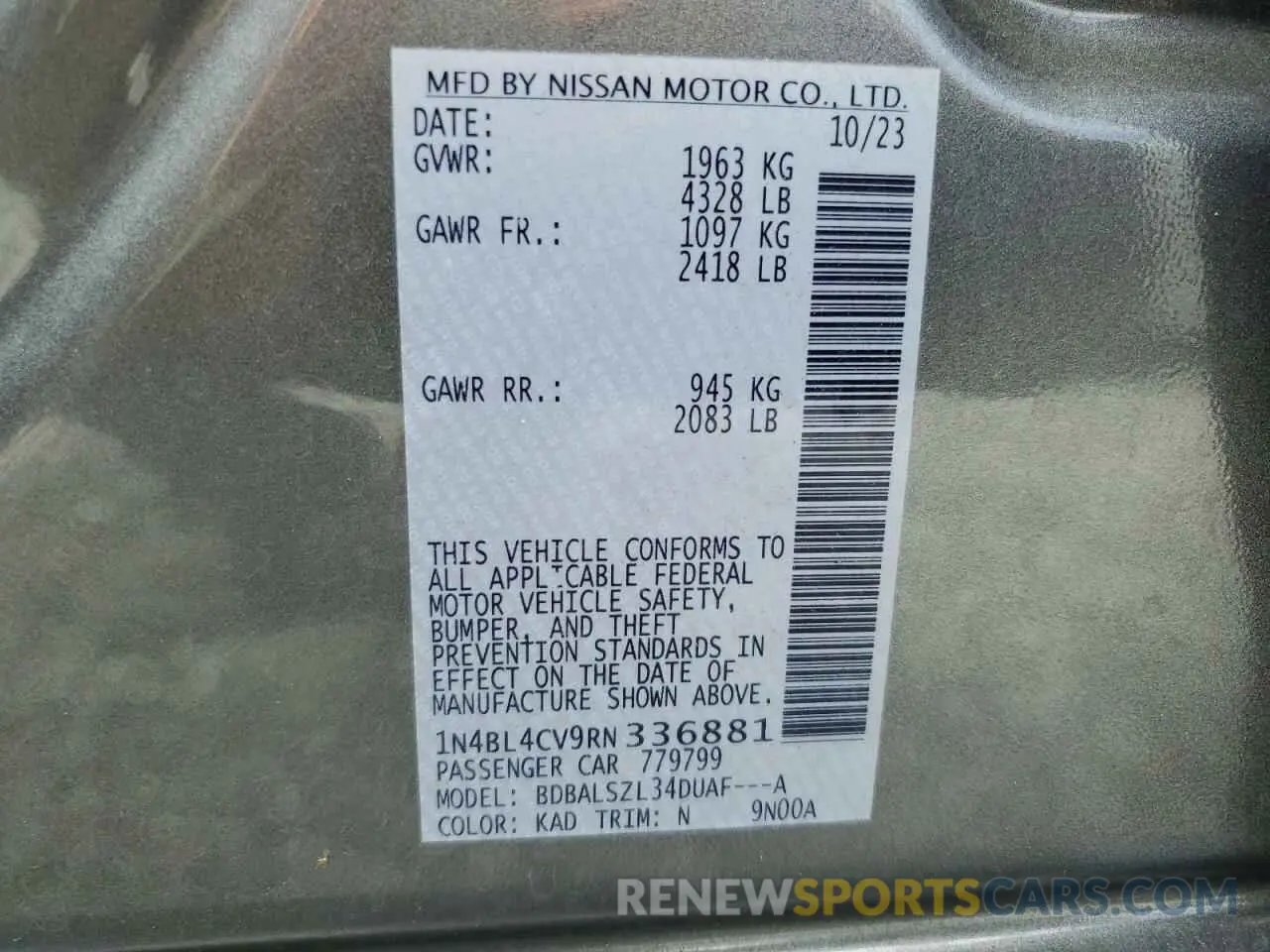 13 Photograph of a damaged car 1N4BL4CV9RN336881 NISSAN ALTIMA 2024