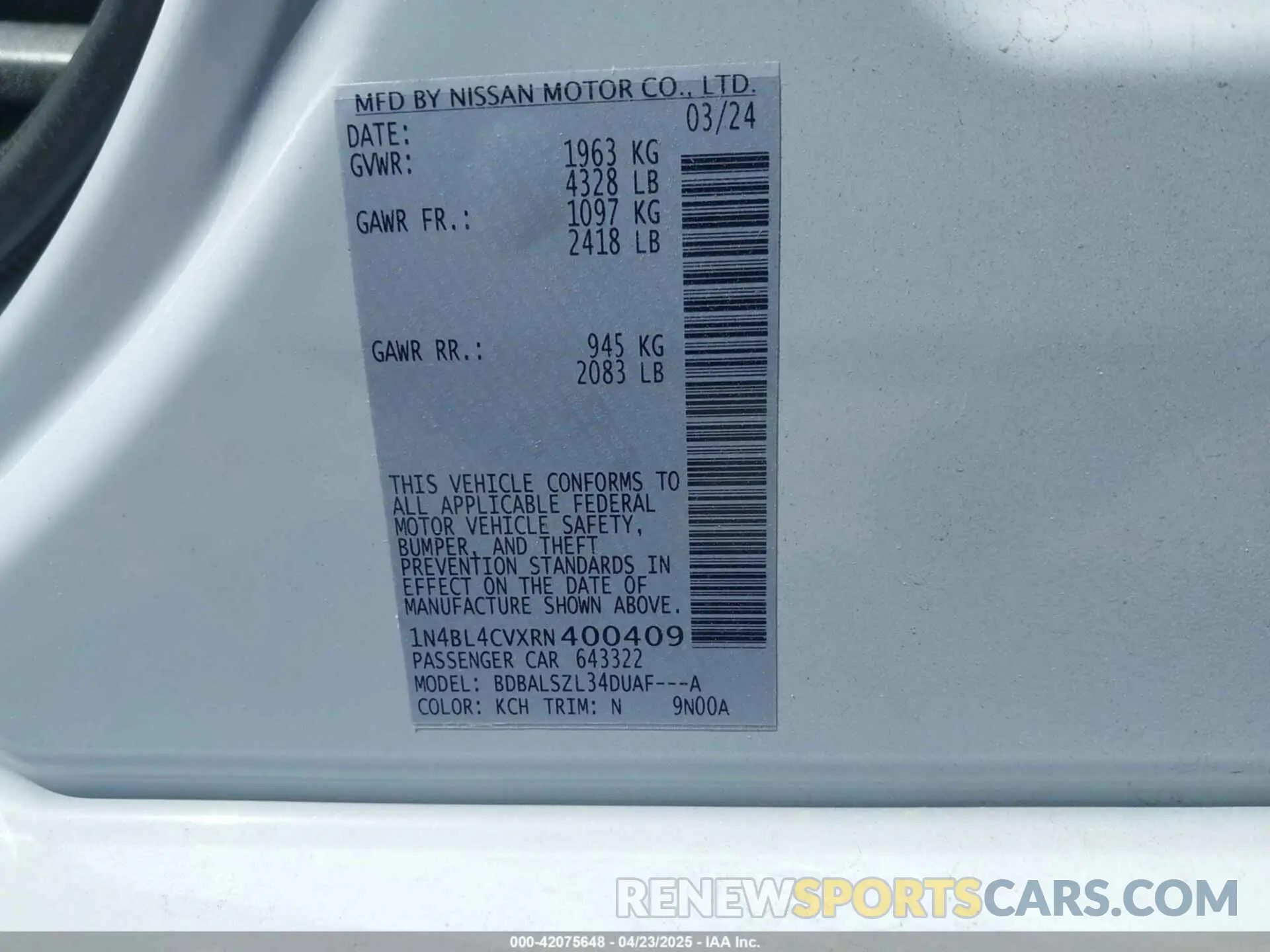 9 Photograph of a damaged car 1N4BL4CVXRN400409 NISSAN ALTIMA 2024