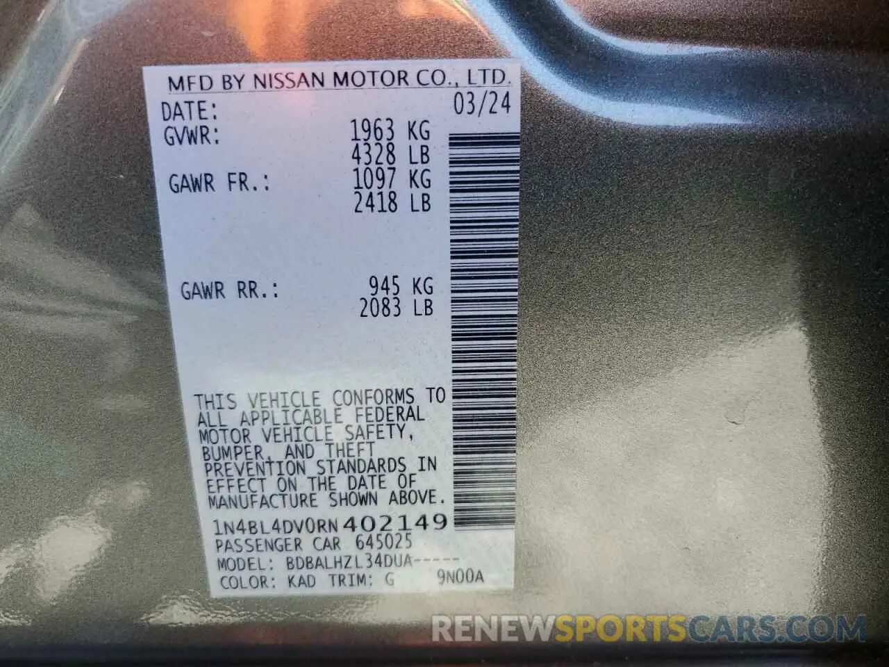 13 Photograph of a damaged car 1N4BL4DV0RN402149 NISSAN ALTIMA 2024