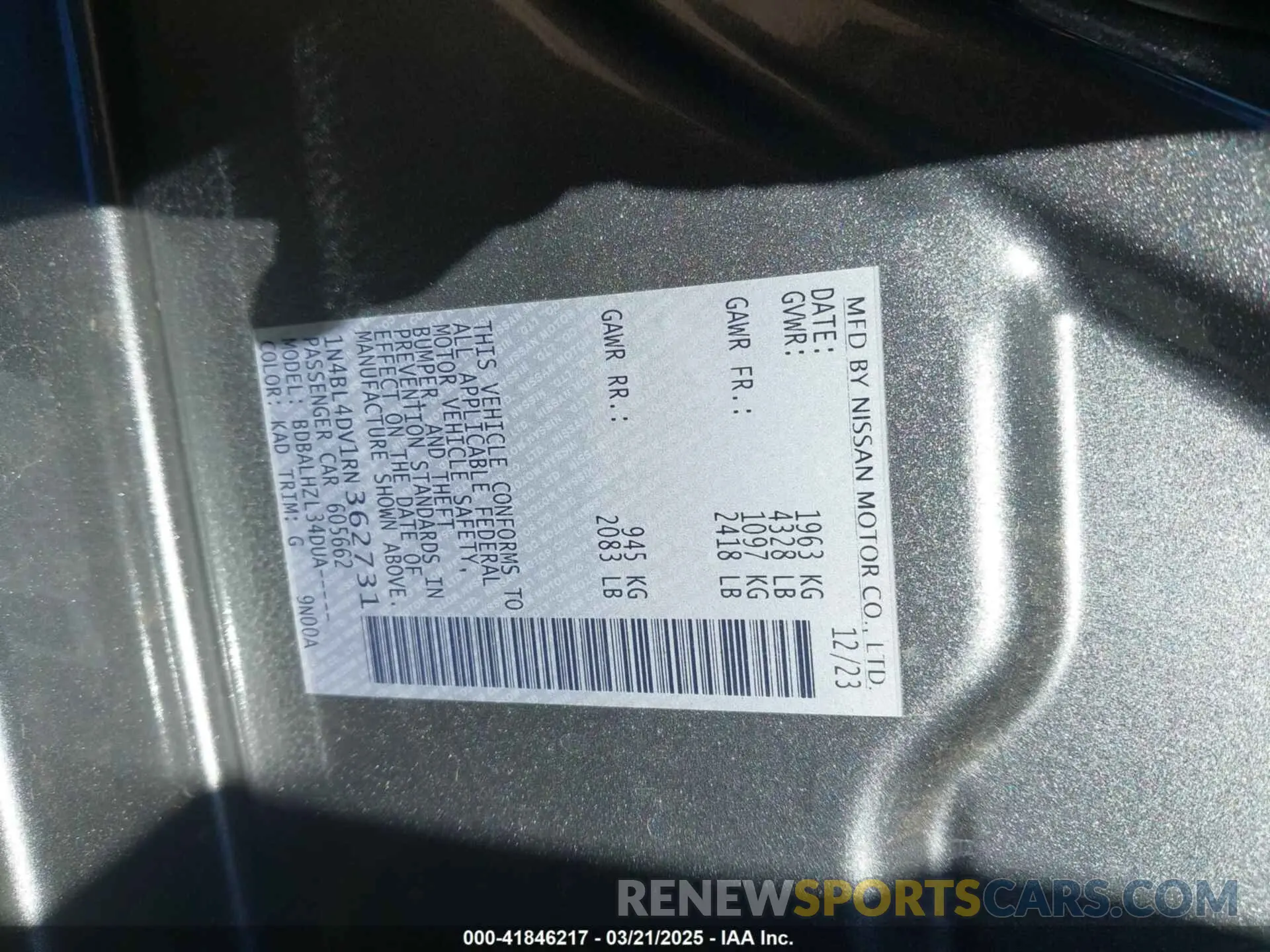 9 Photograph of a damaged car 1N4BL4DV1RN362731 NISSAN ALTIMA 2024