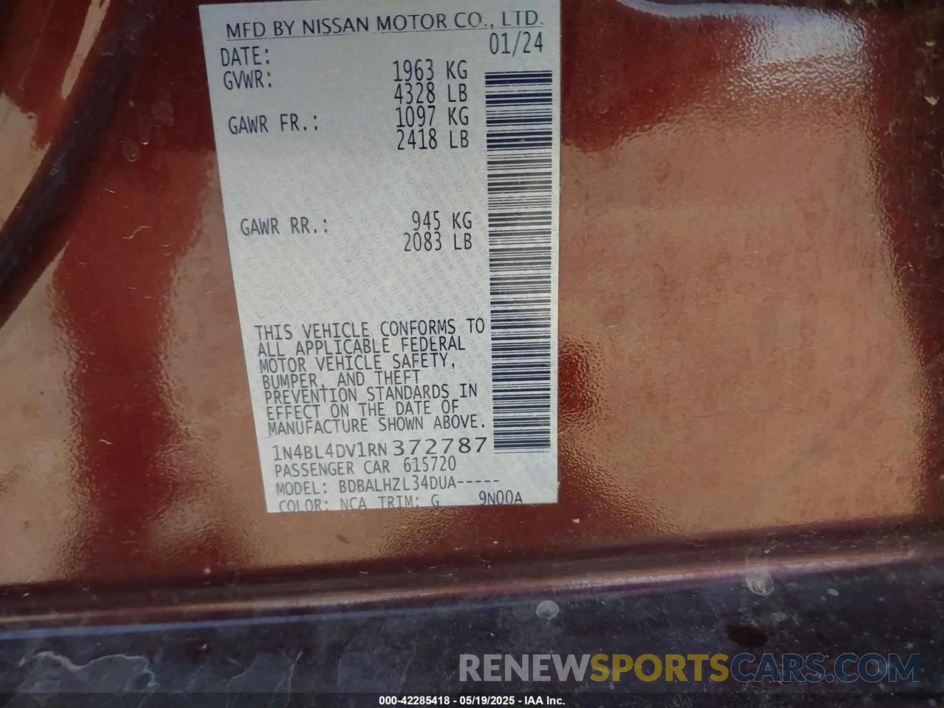 9 Photograph of a damaged car 1N4BL4DV1RN372787 NISSAN ALTIMA 2024