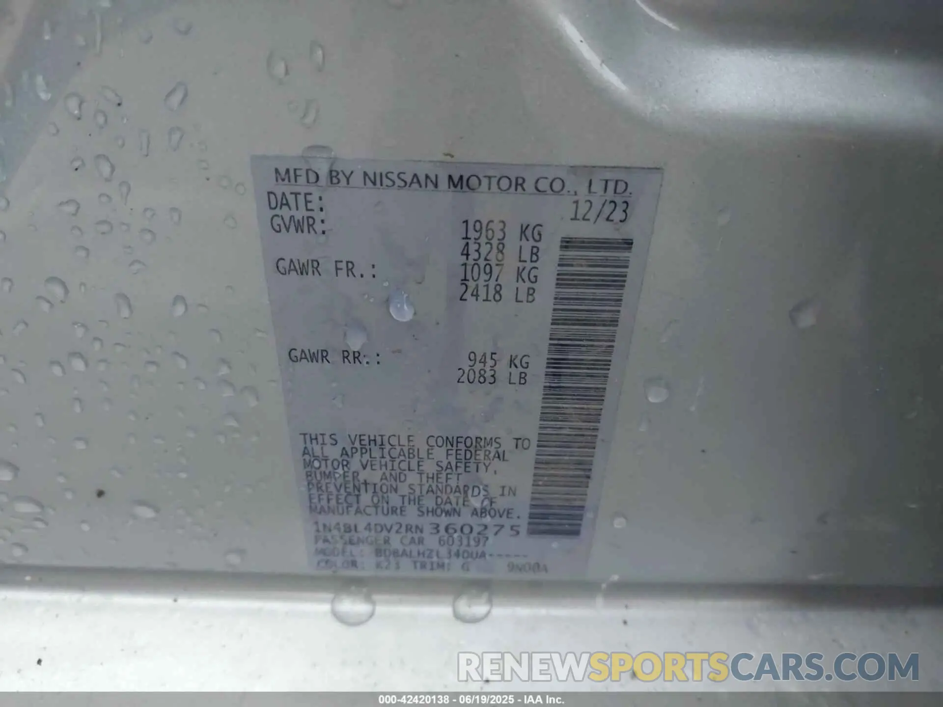 9 Photograph of a damaged car 1N4BL4DV2RN360275 NISSAN ALTIMA 2024
