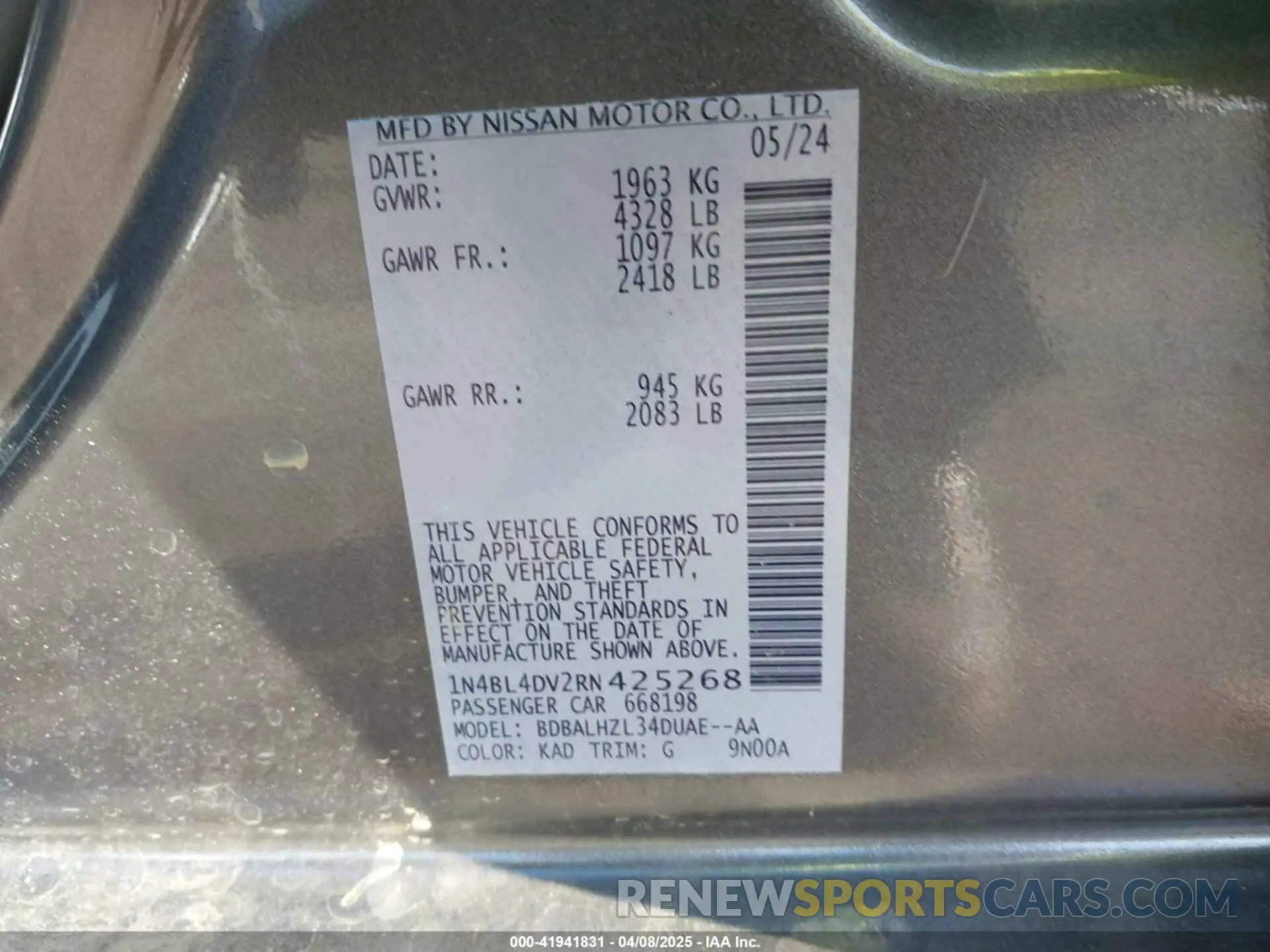 9 Photograph of a damaged car 1N4BL4DV2RN425268 NISSAN ALTIMA 2024