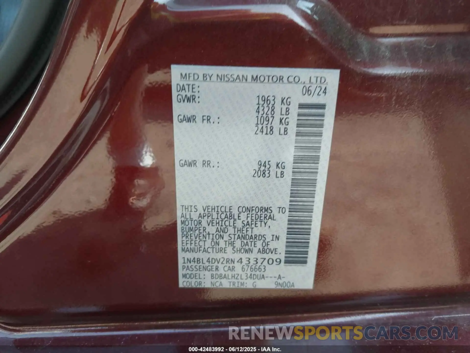 9 Photograph of a damaged car 1N4BL4DV2RN433709 NISSAN ALTIMA 2024