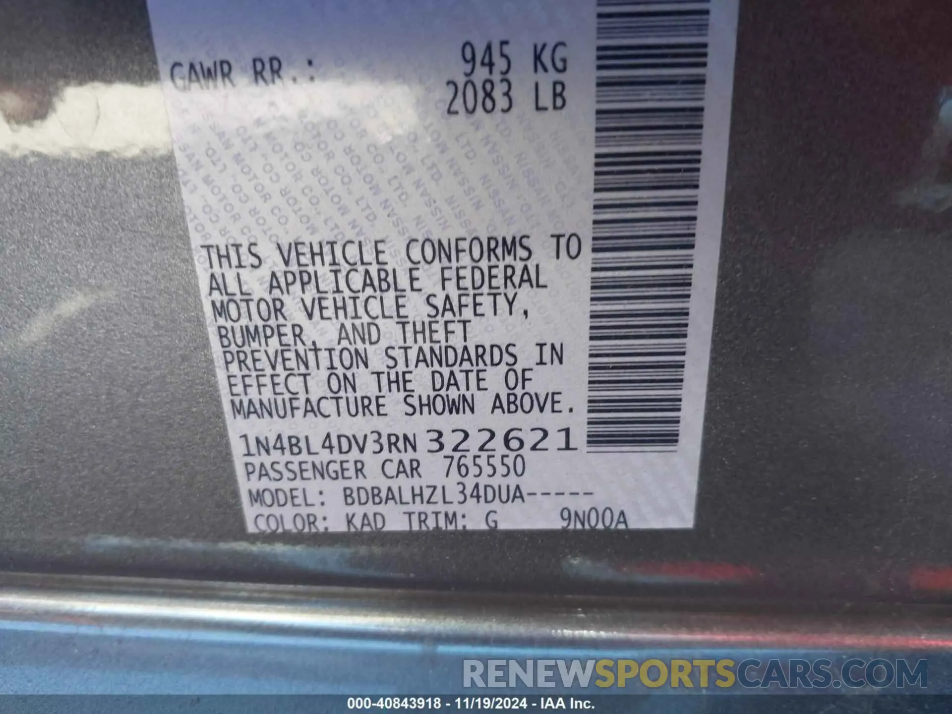 9 Photograph of a damaged car 1N4BL4DV3RN322621 NISSAN ALTIMA 2024
