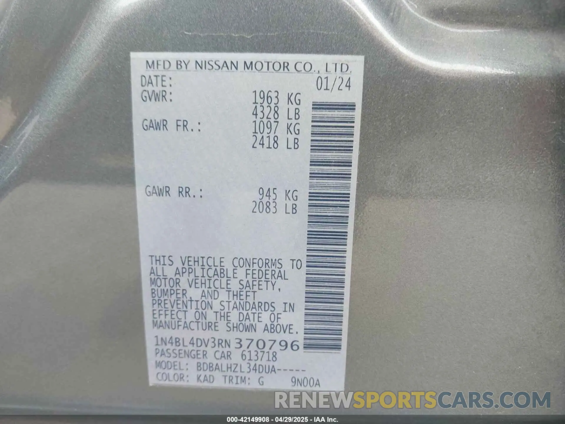 9 Photograph of a damaged car 1N4BL4DV3RN370796 NISSAN ALTIMA 2024