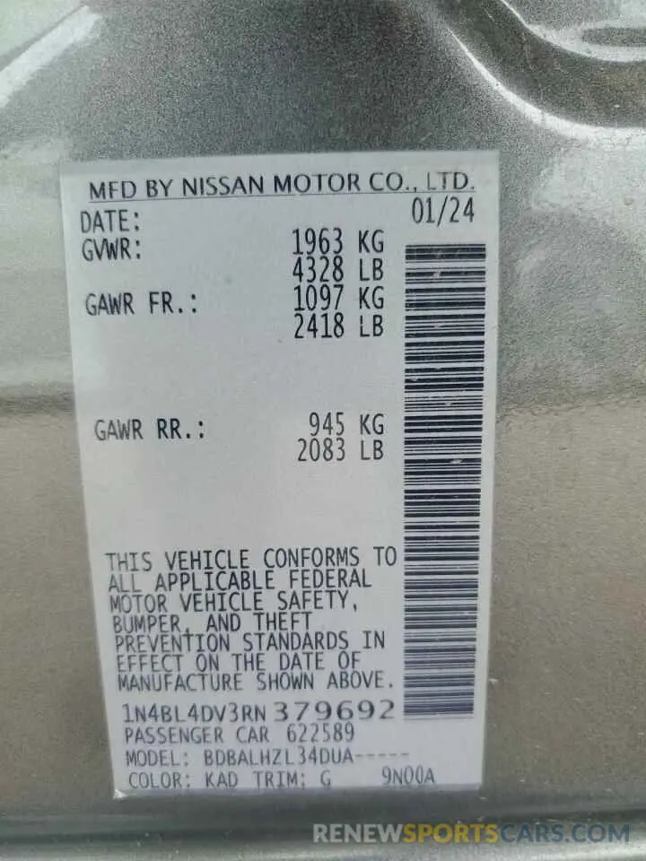 13 Photograph of a damaged car 1N4BL4DV3RN379692 NISSAN ALTIMA 2024