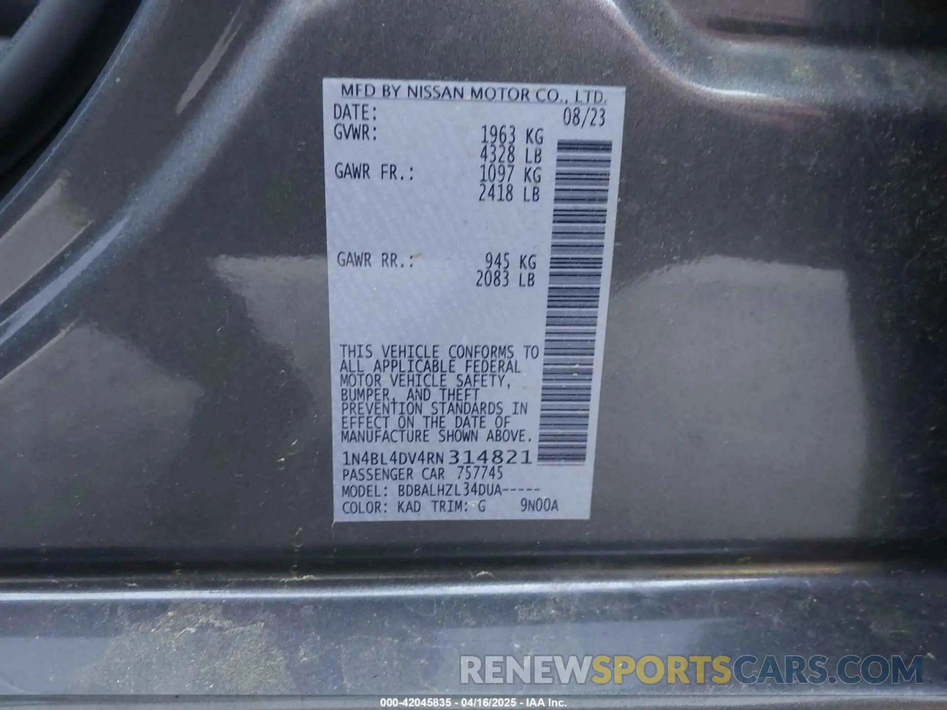 9 Photograph of a damaged car 1N4BL4DV4RN314821 NISSAN ALTIMA 2024