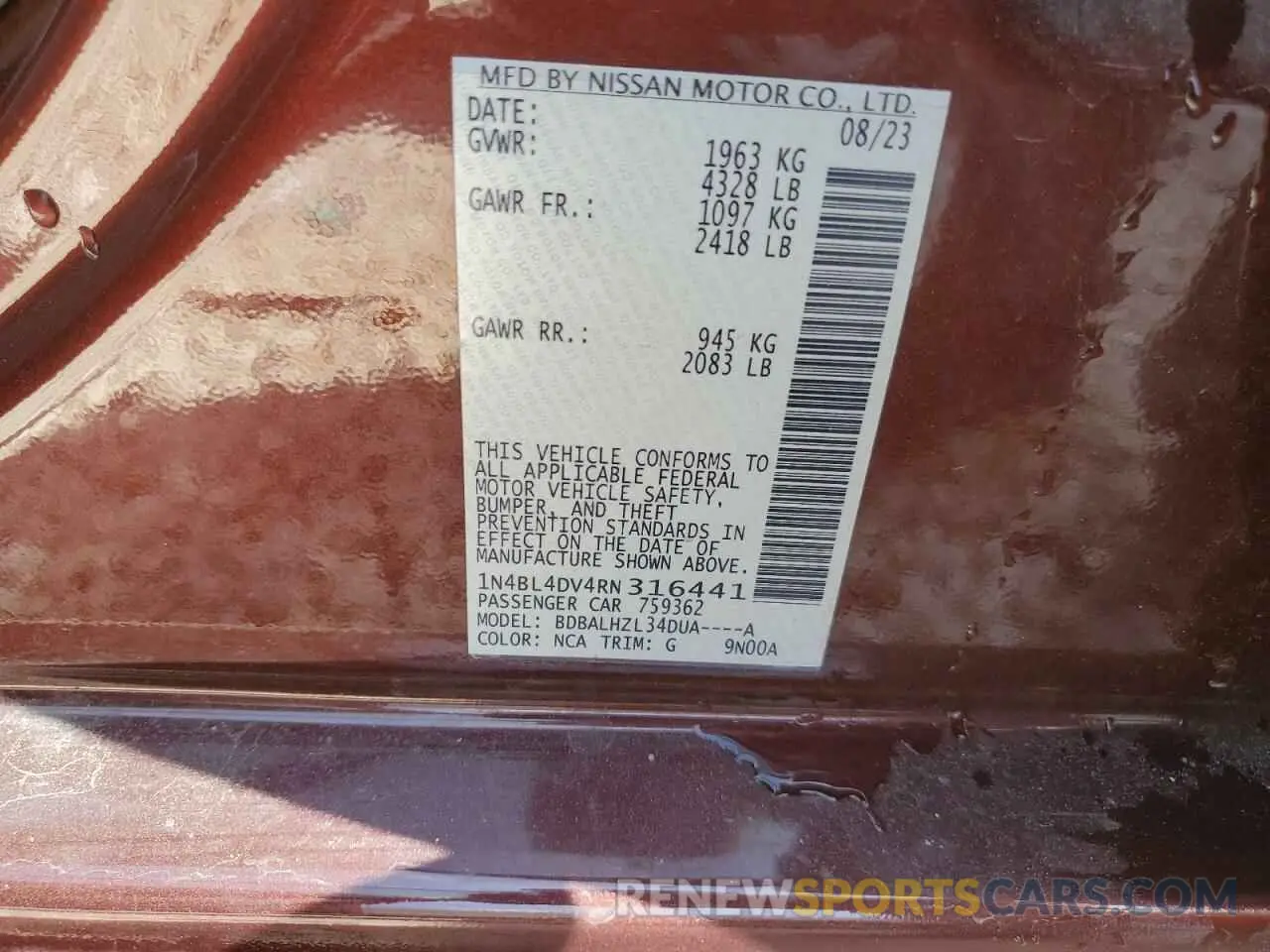12 Photograph of a damaged car 1N4BL4DV4RN316441 NISSAN ALTIMA 2024
