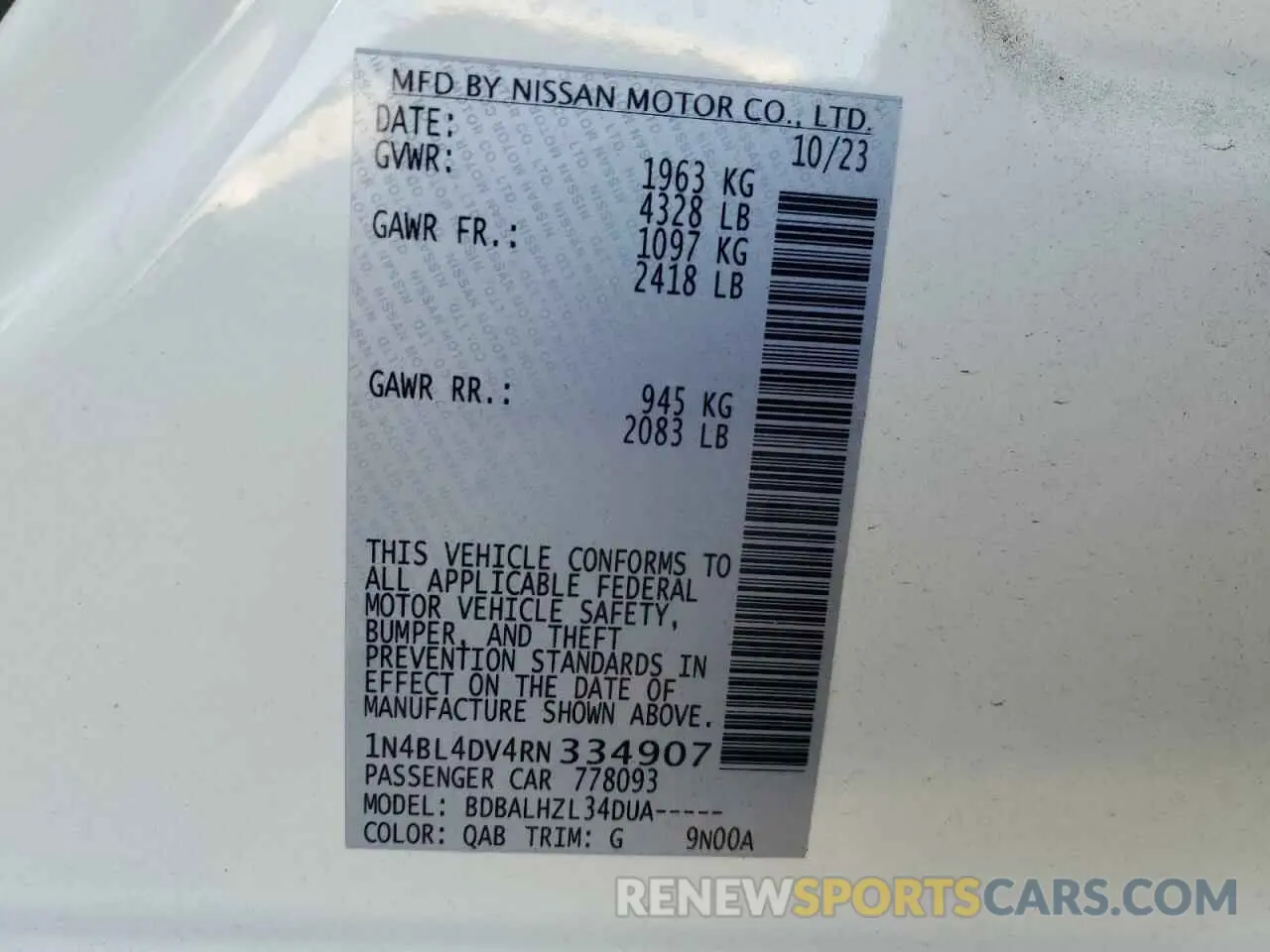 12 Photograph of a damaged car 1N4BL4DV4RN334907 NISSAN ALTIMA 2024