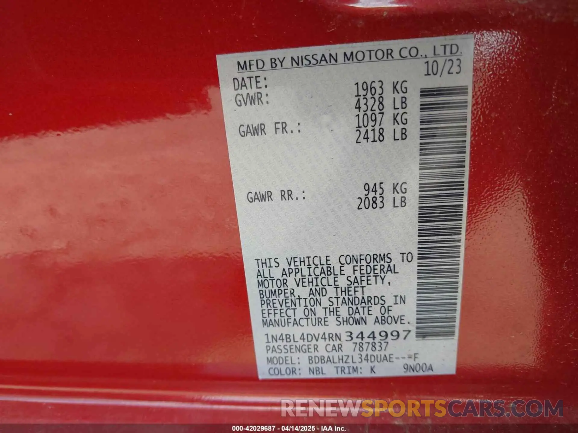 9 Photograph of a damaged car 1N4BL4DV4RN344997 NISSAN ALTIMA 2024