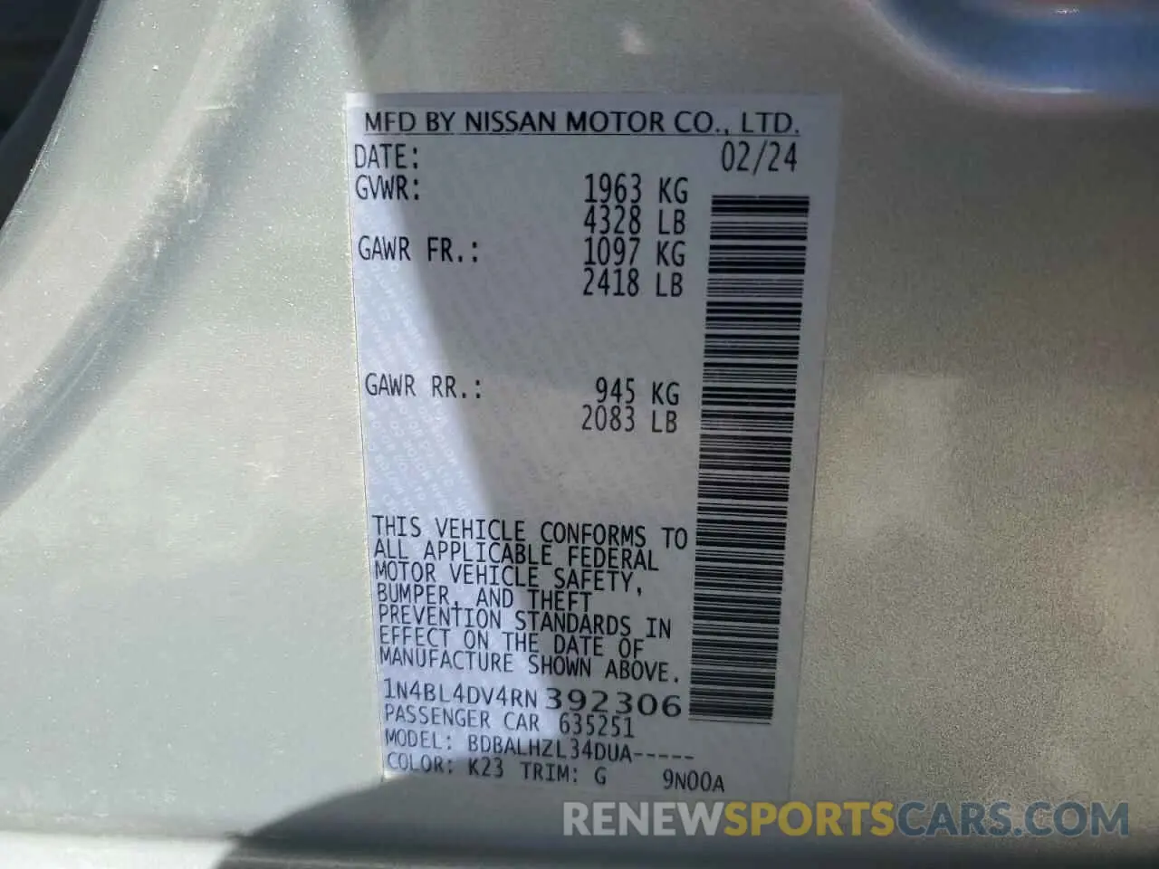 13 Photograph of a damaged car 1N4BL4DV4RN392306 NISSAN ALTIMA 2024