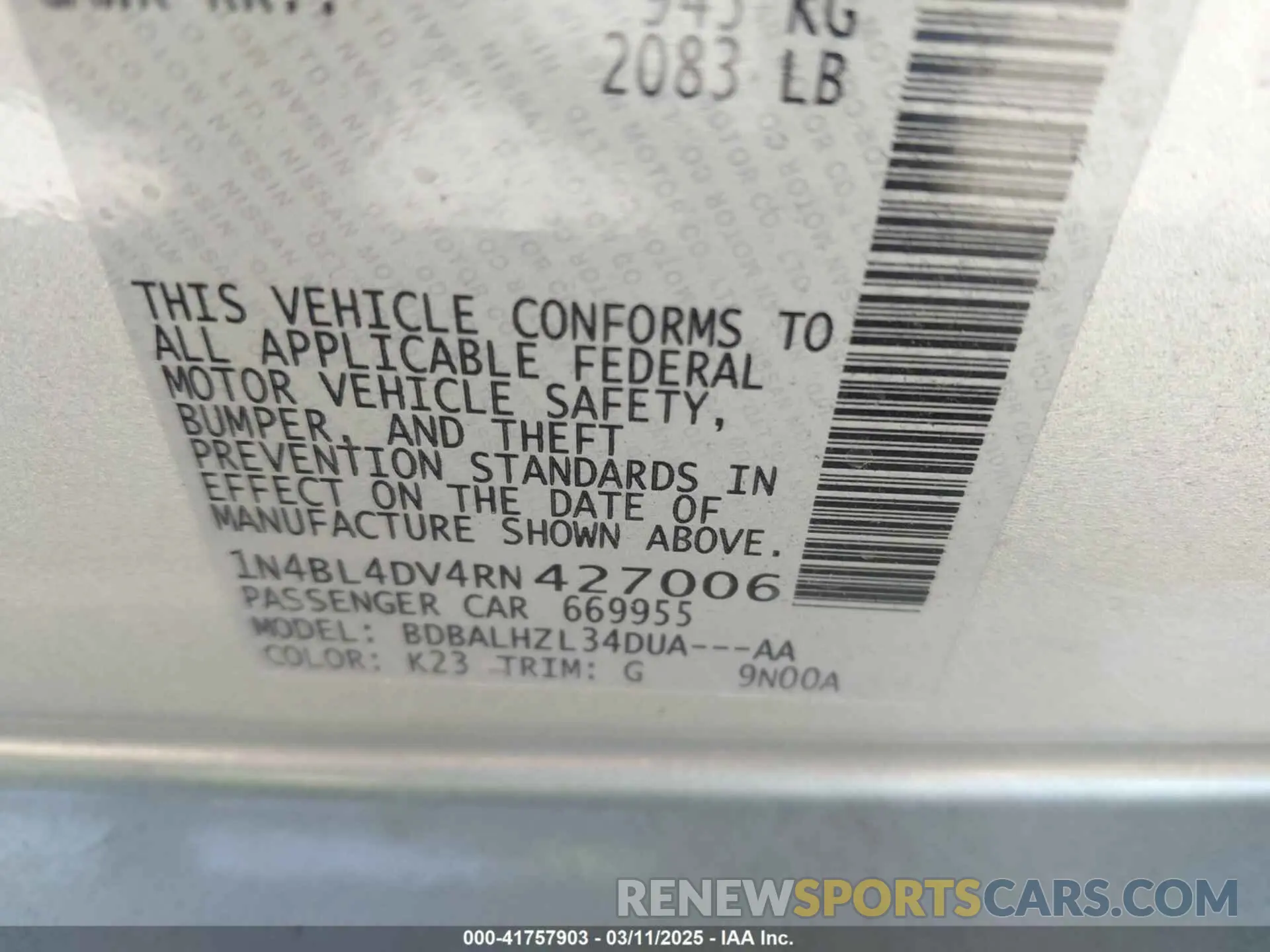 9 Photograph of a damaged car 1N4BL4DV4RN427006 NISSAN ALTIMA 2024