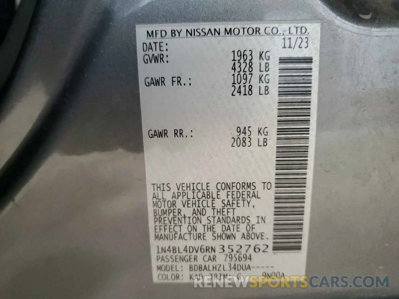 12 Photograph of a damaged car 1N4BL4DV6RN352762 NISSAN ALTIMA 2024