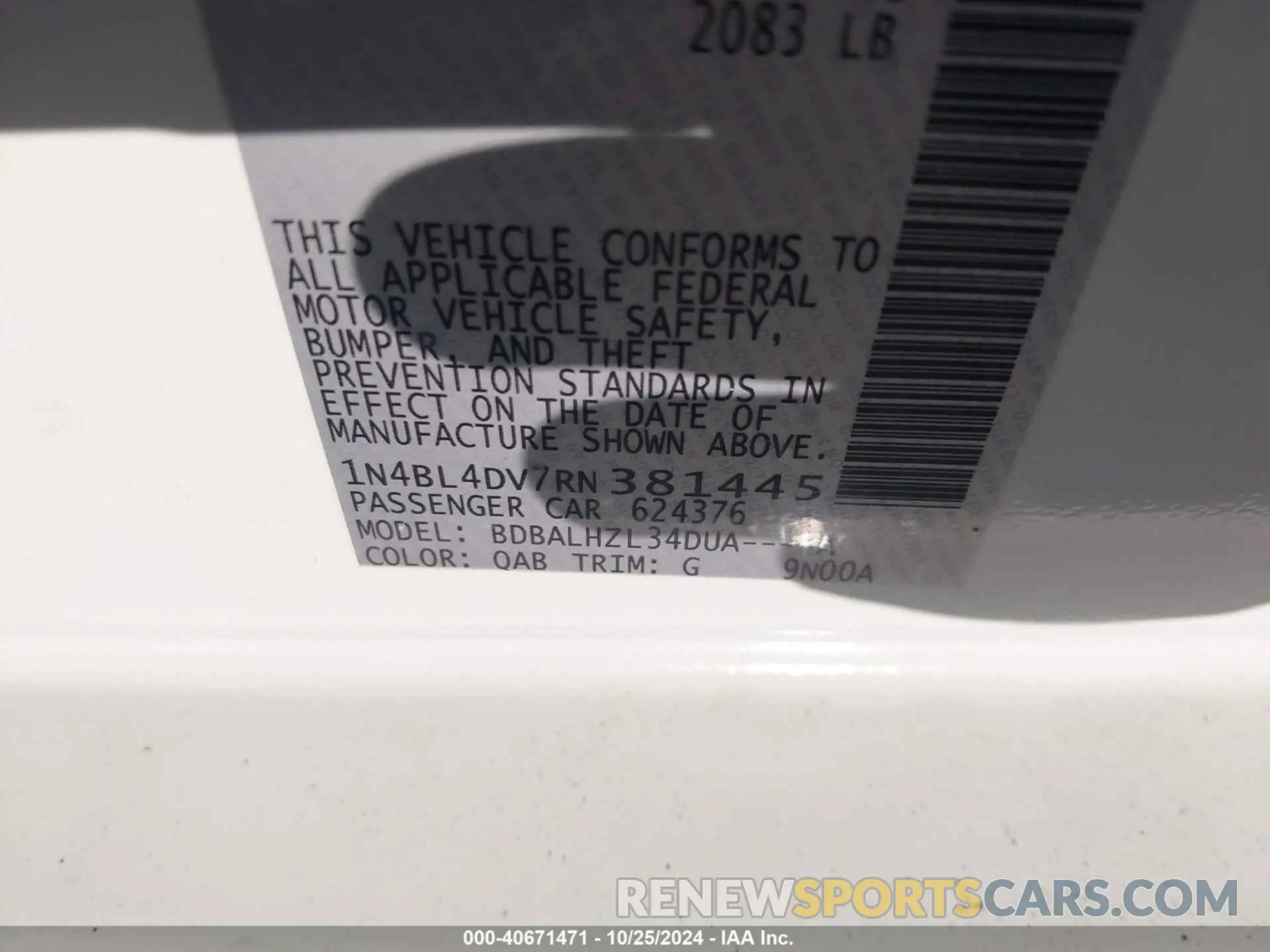 9 Photograph of a damaged car 1N4BL4DV7RN381445 NISSAN ALTIMA 2024